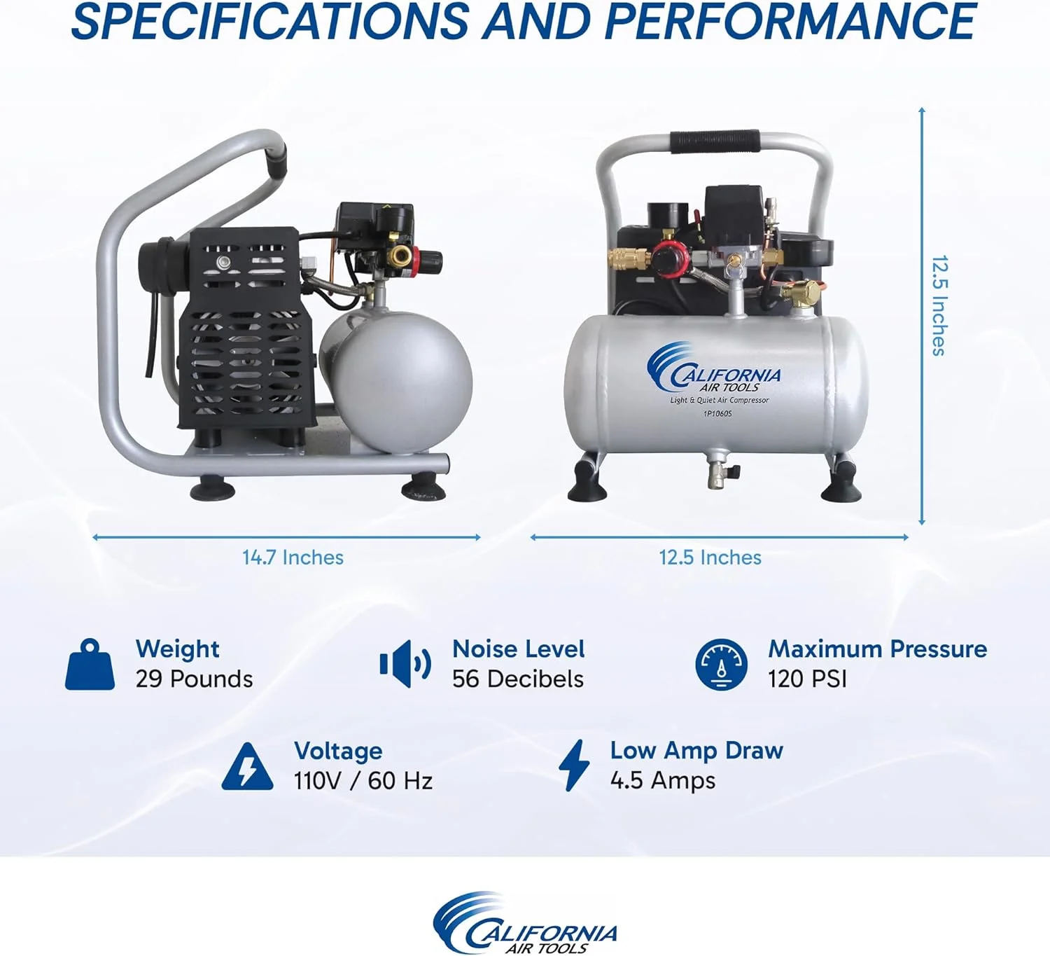 کمپرسور هوای قابل حمل سبک و کم صدای کالیفرنیا ایر تولز مدل CAT-1P1060S، سبک وزن، فوق العاده کم صدا، بدون روغن، مخزن فولادی 1 گالنی، 0.6 اسب بخار، سطح نویز 56 دسی بل، نقره ای