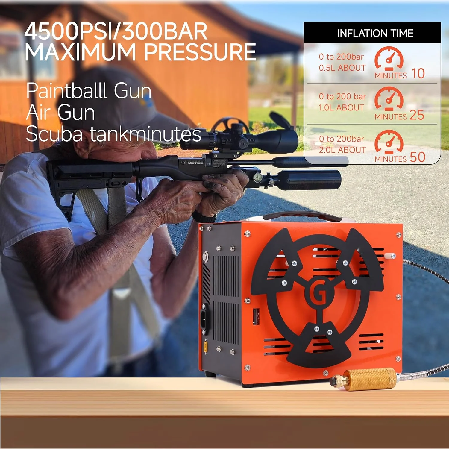 کمپرسور هوای PCP، 4500 PSI / 30 MPa، موتور 350 وات، آداپتور داخلی و فن خنک کننده، برق 12 ولت DC یا 110 ولت / 220 ولت AC، توقف خودکار، بدون آب/روغن برای تفنگ بادی، پینت بال، مخازن HPA (CS6-Plus)