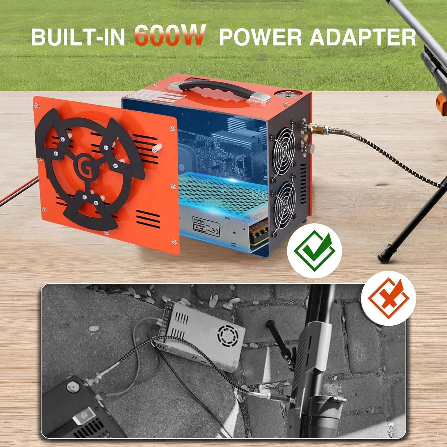 کمپرسور هوای PCP، 4500 PSI / 30 MPa، موتور 350 وات، آداپتور داخلی و فن خنک کننده، برق 12 ولت DC یا 110 ولت / 220 ولت AC، توقف خودکار، بدون آب/روغن برای تفنگ بادی، پینت بال، مخازن HPA (CS6-Plus)