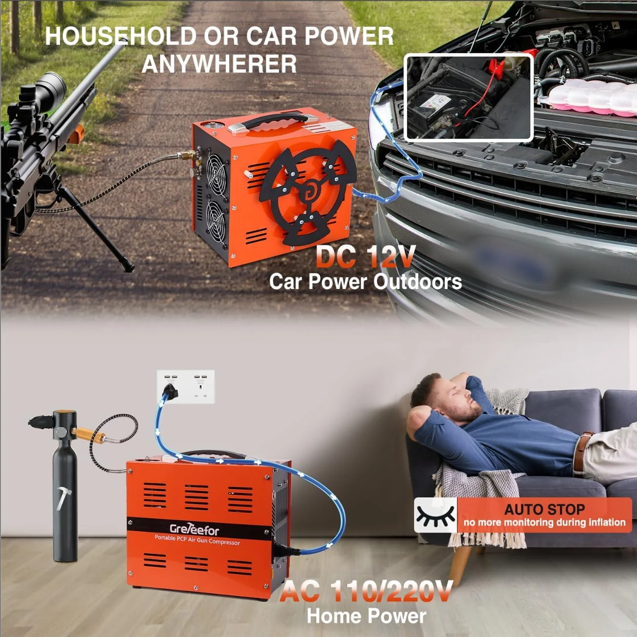 کمپرسور هوای PCP، 4500 PSI / 30 MPa، موتور 350 وات، آداپتور داخلی و فن خنک کننده، برق 12 ولت DC یا 110 ولت / 220 ولت AC، توقف خودکار، بدون آب/روغن برای تفنگ بادی، پینت بال، مخازن HPA (CS6-Plus)