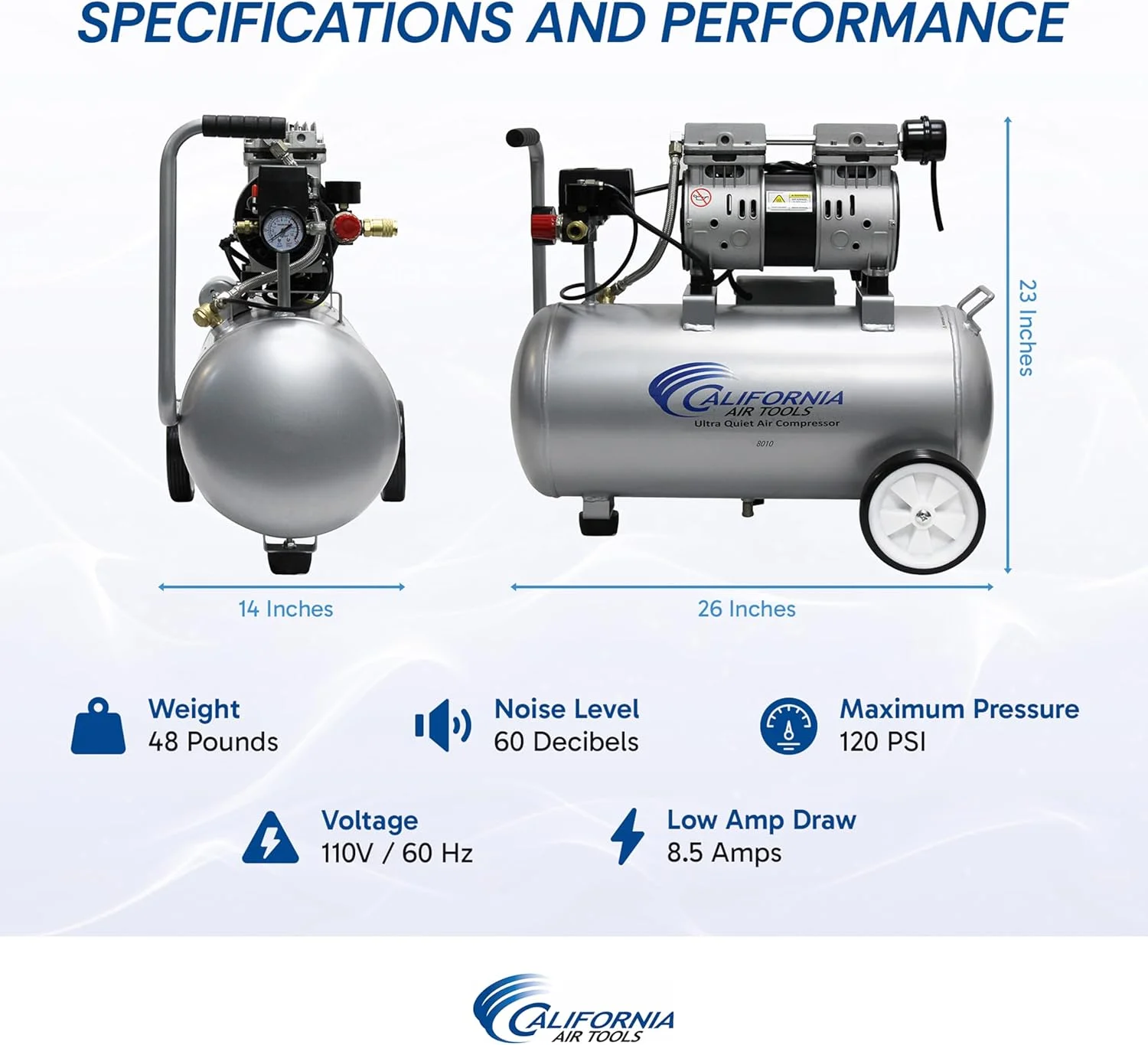 کمپرسور هوای کالیفرنیا ایر تولز مدل 8010 فوق العاده بی صدا و بدون روغن، مخزن فولادی 8 گالن، 1.0 اسب بخار، نقره ای کمپرسور هوای کالیفرنیا ایر تولز مدل 8010 فوق العاده بی صدا و بدون روغن، مخزن فولادی 8 گالن، 1.0 اسب بخار، نقره ای