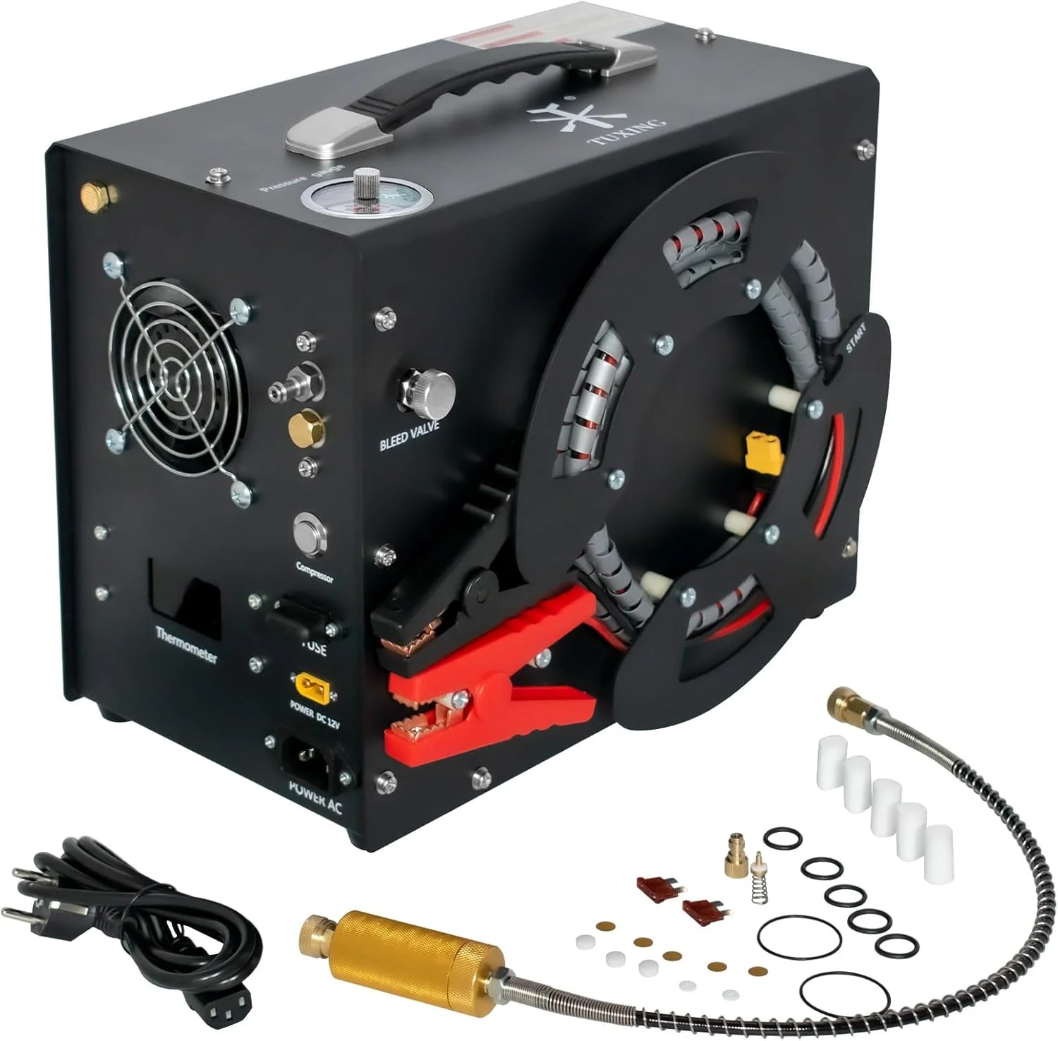 کمپرسور هوای پی سی پی TUXING 4500Psi، مبدل داخلی/فیلتر روغن-آب، توقف خودکار، بدون روغن/آب، طراحی قابل حمل عمودی + قرقره سیم منحصر به فرد، تغذیه توسط خودرو 12 ولت DC یا خانه 110 ولت AC برای تانک های پینت بال/اسکوبا