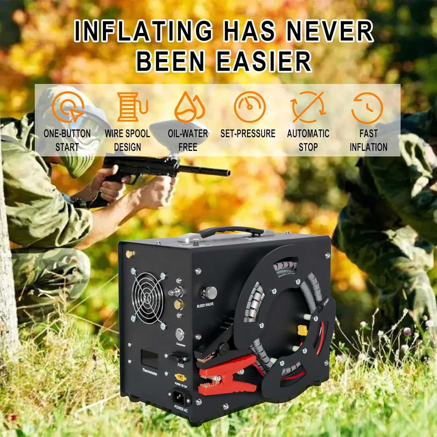 کمپرسور هوای پی سی پی TUXING 4500Psi، مبدل داخلی/فیلتر روغن-آب، توقف خودکار، بدون روغن/آب، طراحی قابل حمل عمودی + قرقره سیم منحصر به فرد، تغذیه توسط خودرو 12 ولت DC یا خانه 110 ولت AC برای تانک های پینت بال/اسکوبا