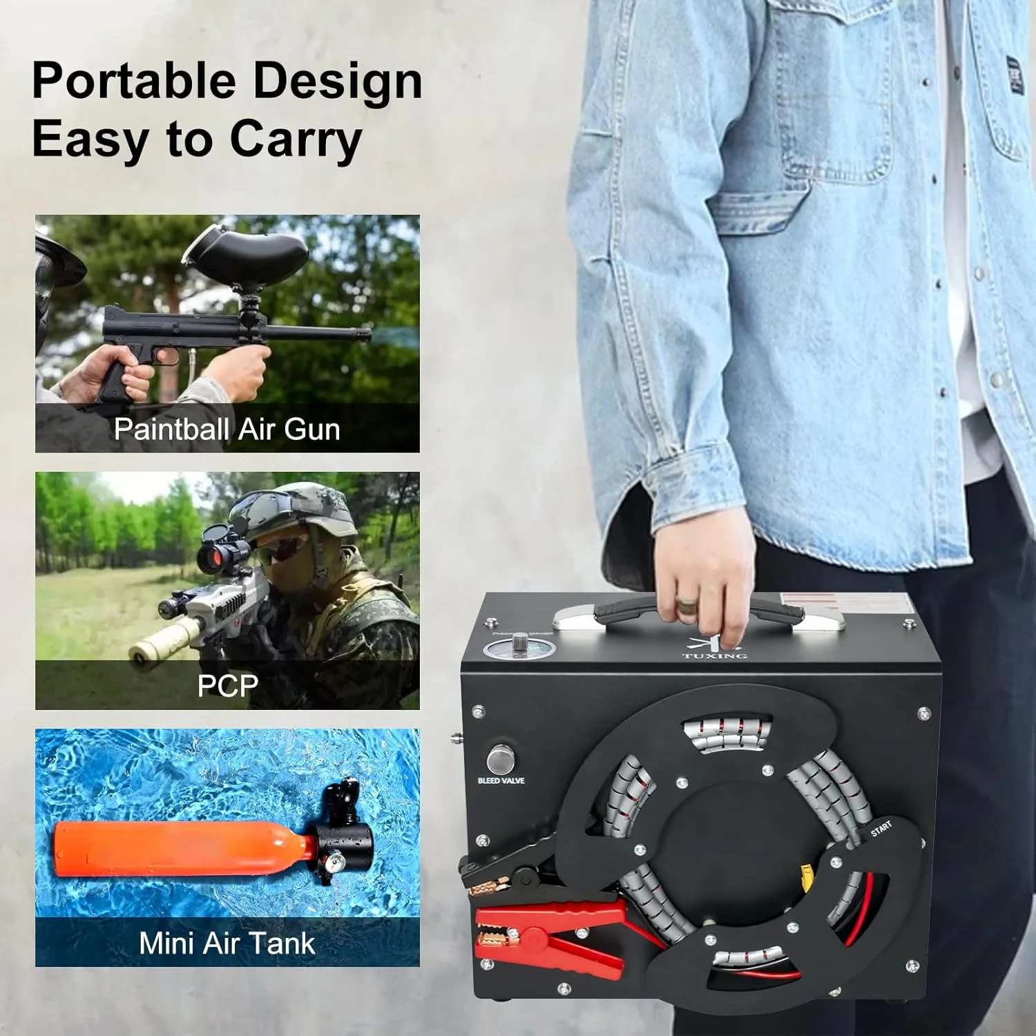 کمپرسور هوای پی سی پی TUXING 4500Psi، مبدل داخلی/فیلتر روغن-آب، توقف خودکار، بدون روغن/آب، طراحی قابل حمل عمودی + قرقره سیم منحصر به فرد، تغذیه توسط خودرو 12 ولت DC یا خانه 110 ولت AC برای تانک های پینت بال/اسکوبا