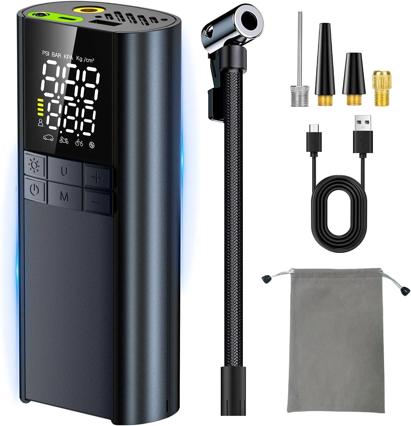 کمپرسور هوای قابل حمل برای لاستیک خودرو، 150PSI با سرعت تورم 3 برابر، باتری 8000mAh، با چراغ LED و فشارسنج دیجیتال، سازگار با توپ، دوچرخه، پمپ هوای بادی (مشکی)