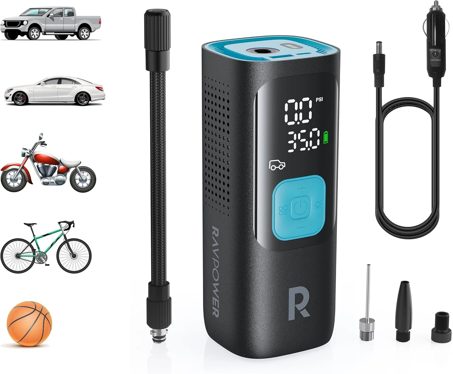 کمپرسور هوای هوشمند 3 در 1 راو پاور با پاوربانک و چراغ قوه LED، پمپ هوای قابل حمل بی سیم برای خودرو، موتورسیکلت، دوچرخه، توقف خودکار، صفحه نمایش LCD بزرگ، لوازم جانبی مسافرتی شامل، PB1233