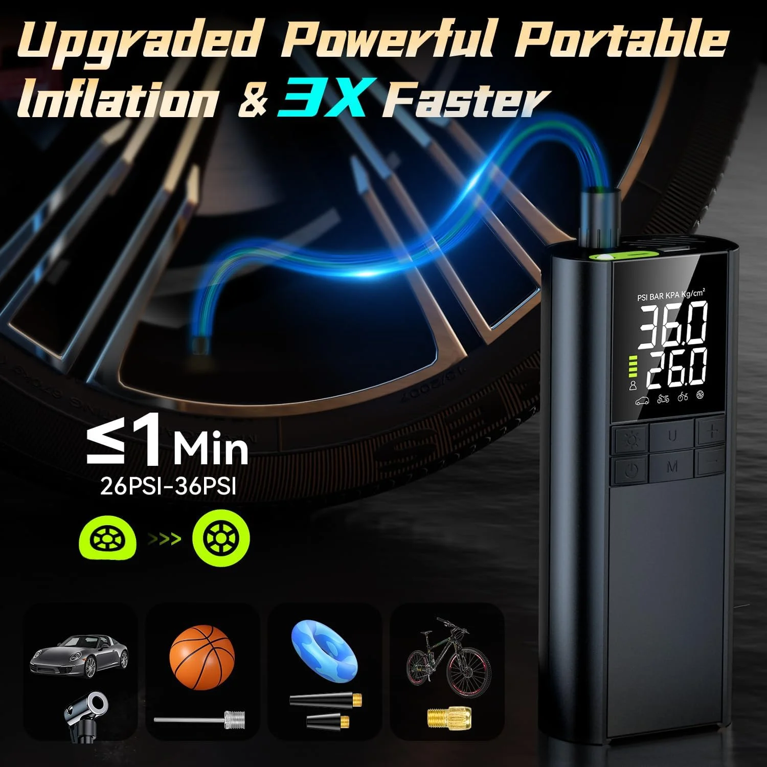 کمپرسور هوای قابل حمل برای لاستیک خودرو، 150PSI با سرعت تورم 3 برابر، باتری 8000mAh، با چراغ LED و فشارسنج دیجیتال، سازگار با توپ، دوچرخه، پمپ هوای بادی (مشکی) کمپرسور هوای قابل حمل برای لاستیک خودرو، 150PSI با سرعت تورم 3 برابر، باتری 8000mAh، با چراغ LED و فشارسنج دیجیتال، سازگار با توپ، دوچرخه، پمپ هوای بادی (مشکی)