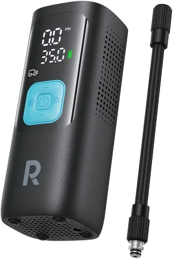 کمپرسور هوای هوشمند 3 در 1 راو پاور با پاوربانک و چراغ قوه LED، پمپ هوای قابل حمل بی سیم برای خودرو، موتورسیکلت، دوچرخه، توقف خودکار، صفحه نمایش LCD بزرگ، لوازم جانبی مسافرتی شامل، PB1233