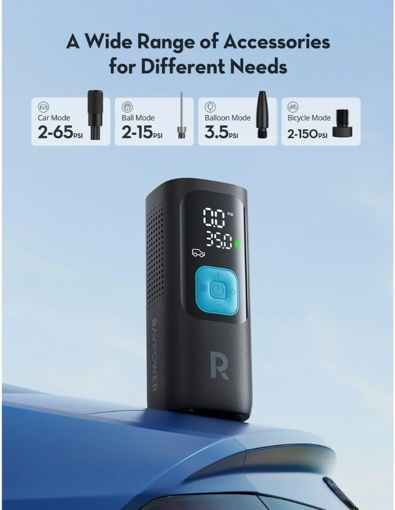 کمپرسور هوای هوشمند 3 در 1 راو پاور با پاوربانک و چراغ قوه LED، پمپ هوای قابل حمل بی سیم برای خودرو، موتورسیکلت، دوچرخه، توقف خودکار، صفحه نمایش LCD بزرگ، لوازم جانبی مسافرتی شامل، PB1233