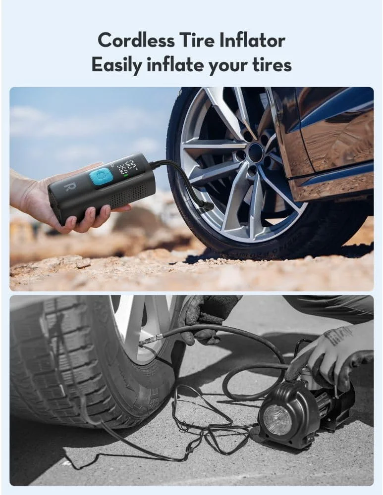 کمپرسور هوای هوشمند 3 در 1 راو پاور با پاوربانک و چراغ قوه LED، پمپ هوای قابل حمل بی سیم برای خودرو، موتورسیکلت، دوچرخه، توقف خودکار، صفحه نمایش LCD بزرگ، لوازم جانبی مسافرتی شامل، PB1233
