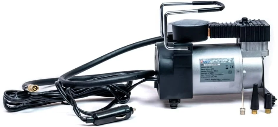 کمپرسور هوای قابل حمل ۱۲ ولت VTOOLS تک سیلندر با فشار ۱۰۰ PSI، پمپ باد تایر برای خودرو/شاسی بلند با توقف خودکار، کیف حمل، شلنگ ۱ متری و ۴ نازل، خاکستری، VT1303