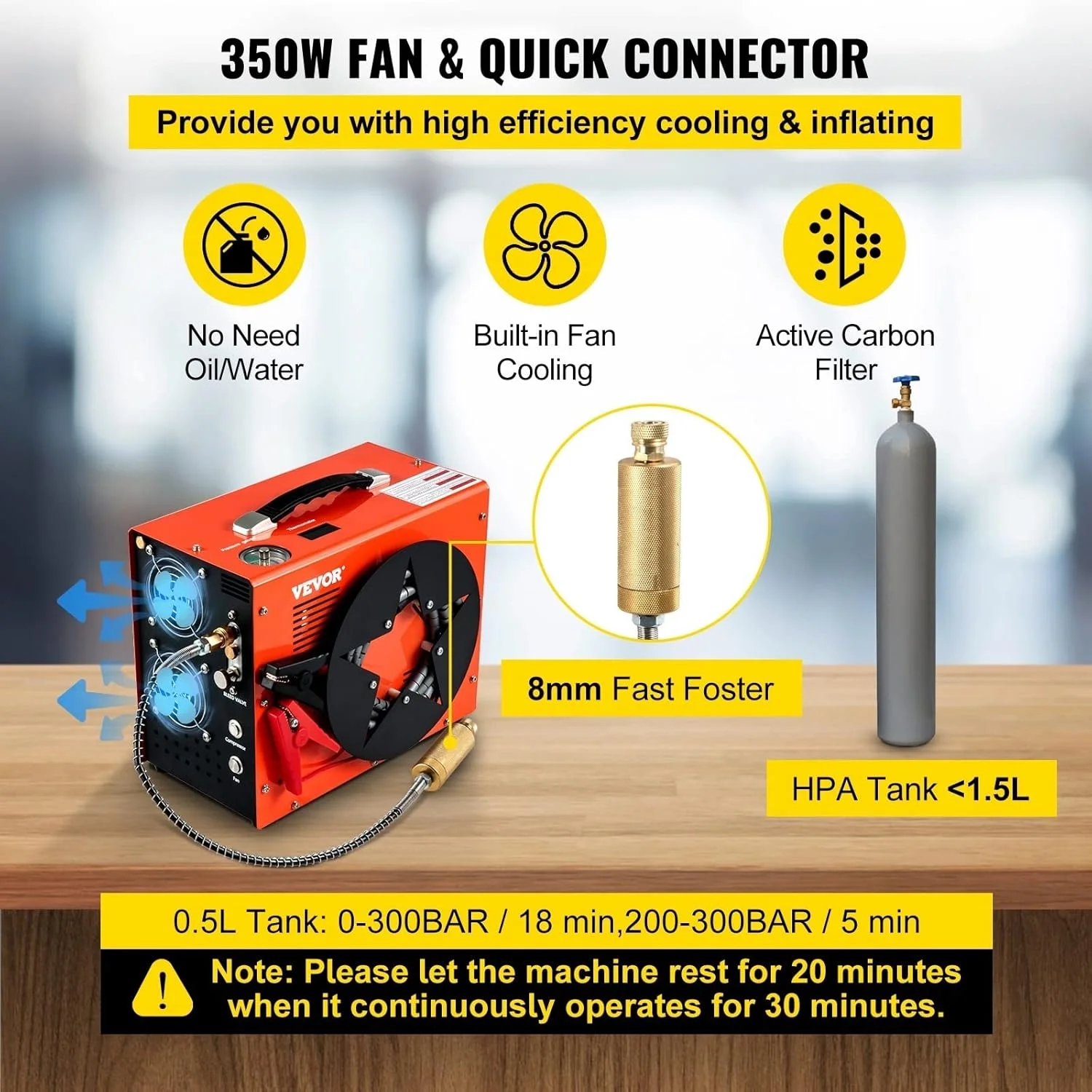 کمپرسور هوای پی سی پی HANEFRE 4500Psi پمپ فشار قوی با آداپتور و فن داخلی توقف خودکار برای تفنگ بادی، مخزن غواصی