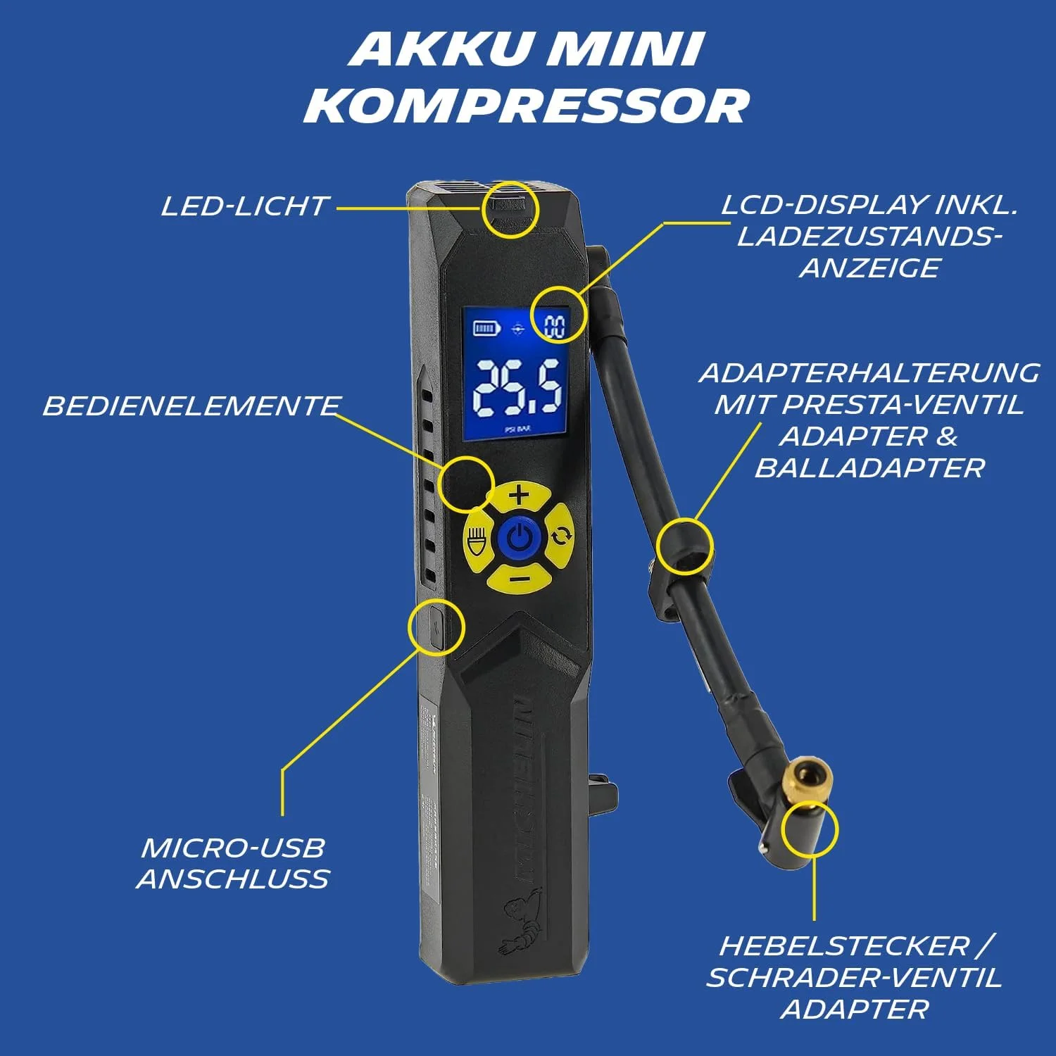 کمپرسور بی‌سیم کوچک MICHELIN 009528، پمپ برقی، فشارسنج دیجیتال، 10 بار