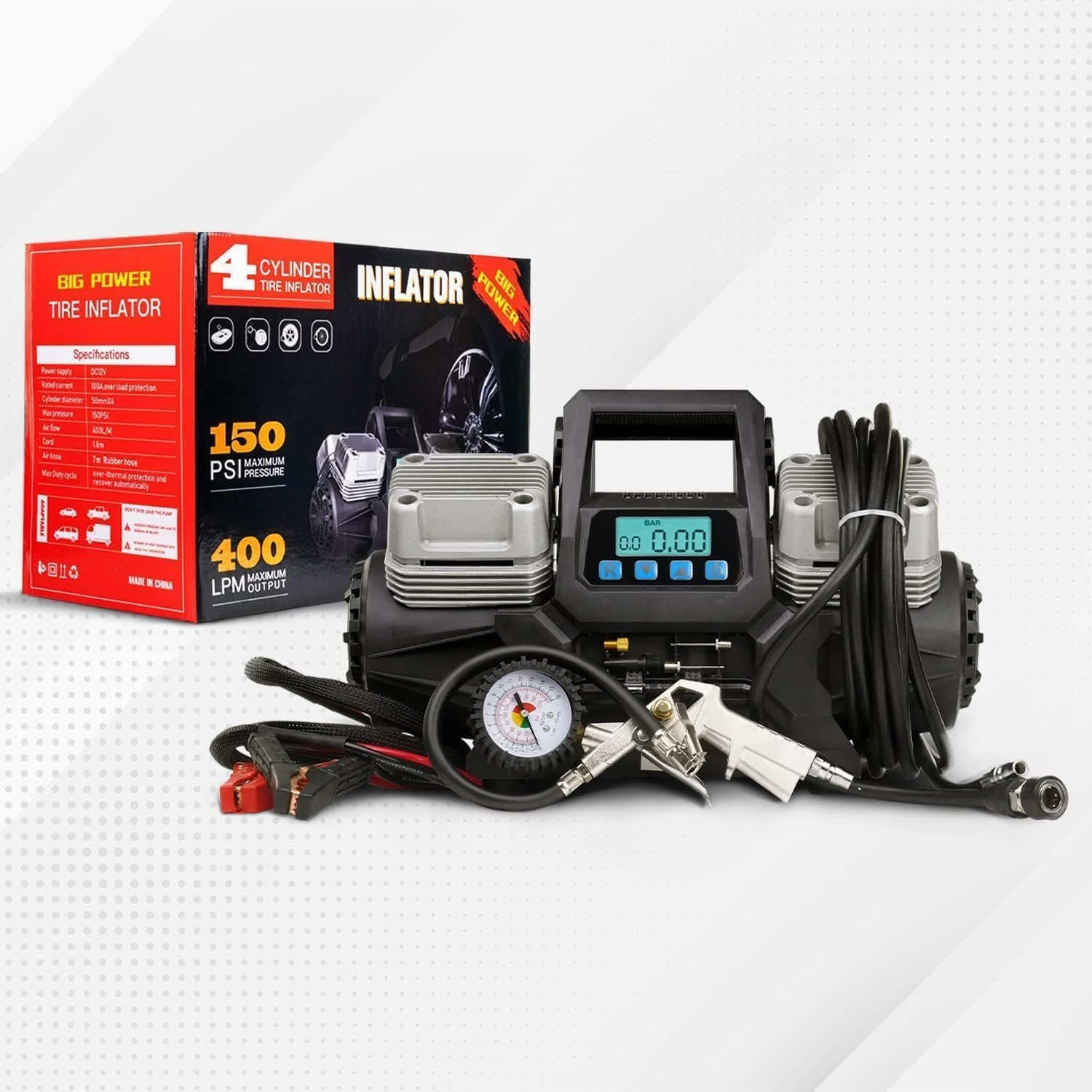 پمپ باد قابل حمل 4 سیلندر، 150 PSI، 400 LPM، کمپرسور هوای دیجیتال 12 ولت با کیف حمل