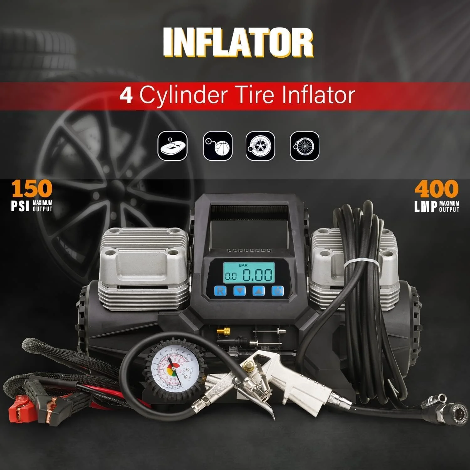 پمپ باد قابل حمل 4 سیلندر، 150 PSI، 400 LPM، کمپرسور هوای دیجیتال 12 ولت با کیف حمل