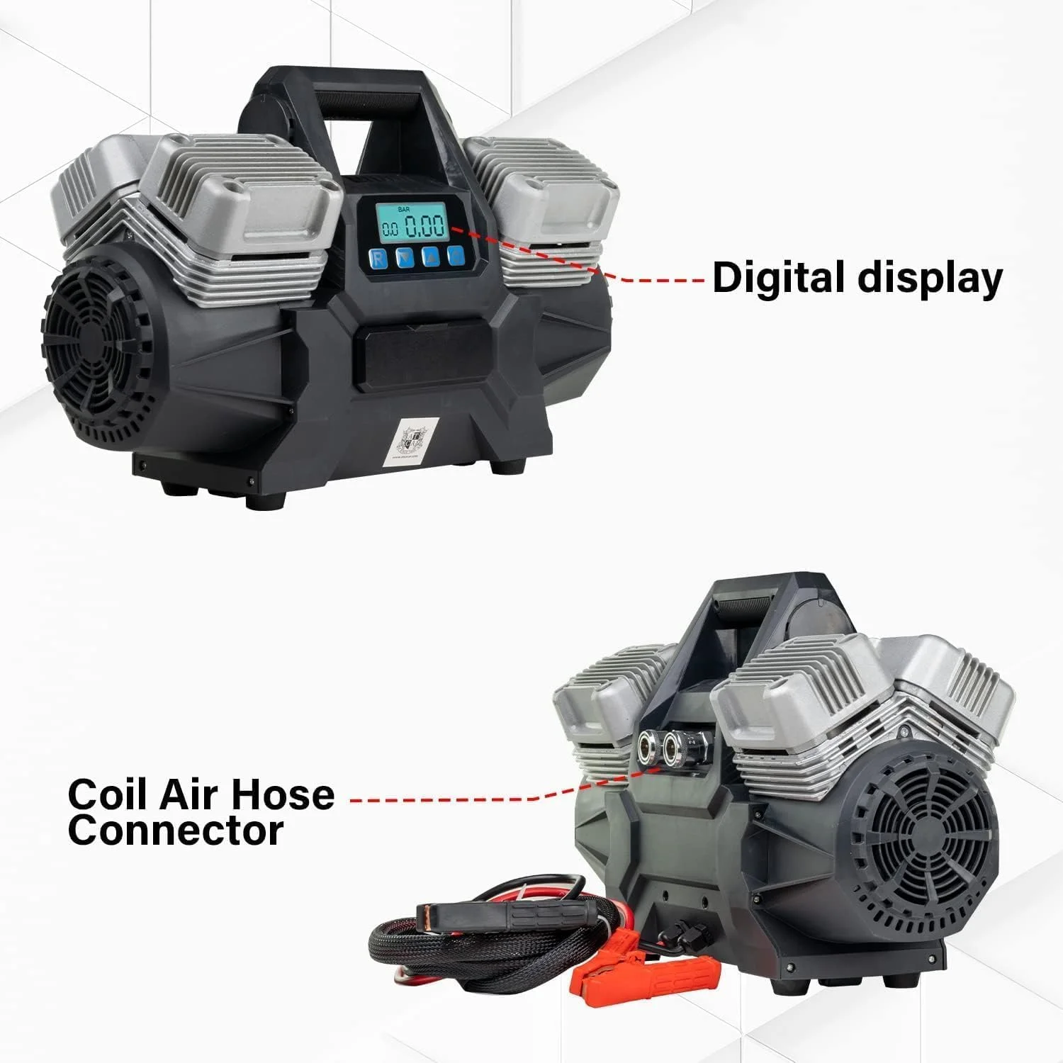 پمپ باد قابل حمل 4 سیلندر، 150 PSI، 400 LPM، کمپرسور هوای دیجیتال 12 ولت با کیف حمل
