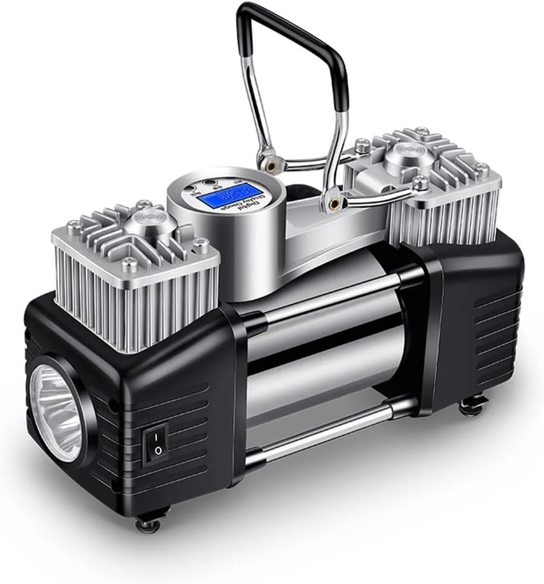 پمپ باد دو سیلندر خودرو، فشار قوی و سنگین، باد کردن سریع تایر، نمایشگر دیجیتال با تنظیم فشار خودکار، چراغ LED برای مواقع اضطراری، ایده آل برای اتومبیل، SUV، کامیون و توپ