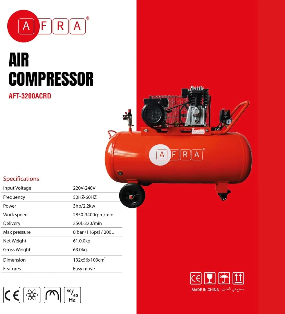 کمپرسور هوا ۳ اسب بخار/۲.۲ کیلووات AFRA، سرعت کار متغیر، نرخ تحویل بالا، حداکثر فشار ۸ بار/۱۱۶psi، ساختار مستحکم، وزن خالص ۱۶۶.۰ کیلوگرم، وزن ناخالص ۱۸۶.۰ کیلوگرم، مدل AFT-3200ACRD