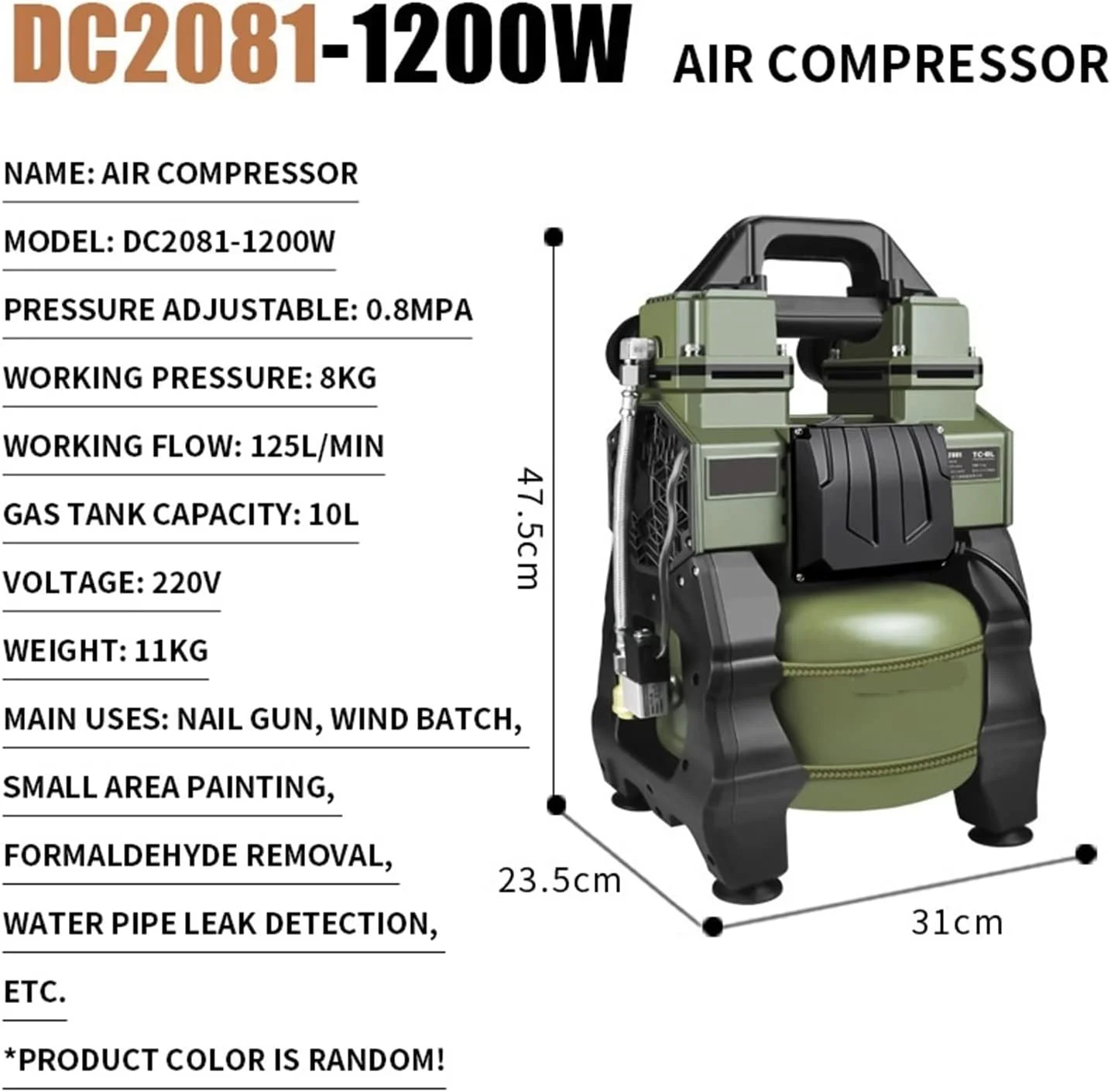 پمپ هوا کمپرسور هوا با فرکانس متغیر قابل حمل کوچک بدون روغن بی صدا نجاری نقاشی کمپرسور هوا با فشار بالا (Dc1081-1200w با LCD)