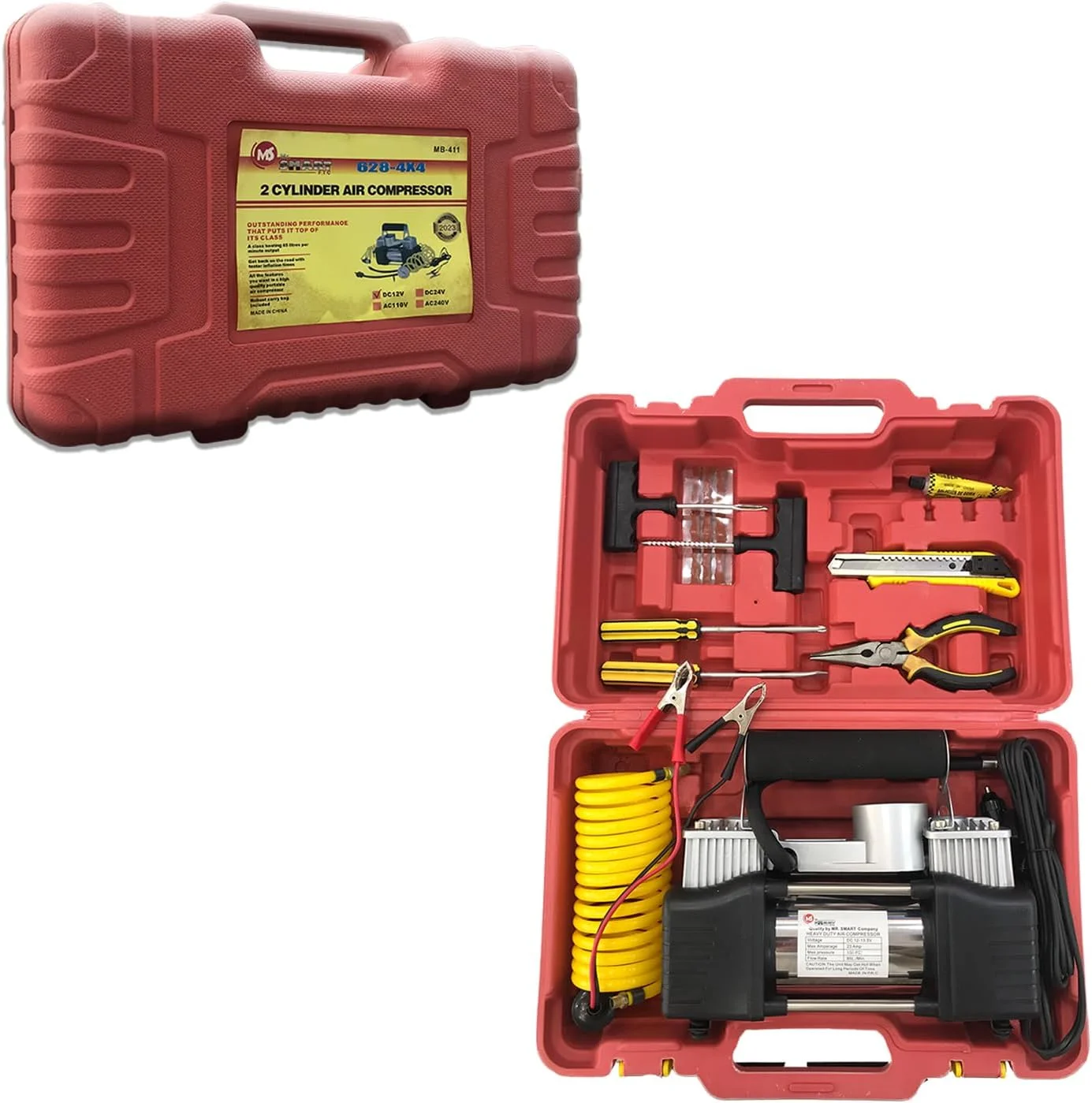 کیت کمپرسور هوای قابل حمل 2 سیلندر، 12 ولت DC، با ابزار و کیف حمل