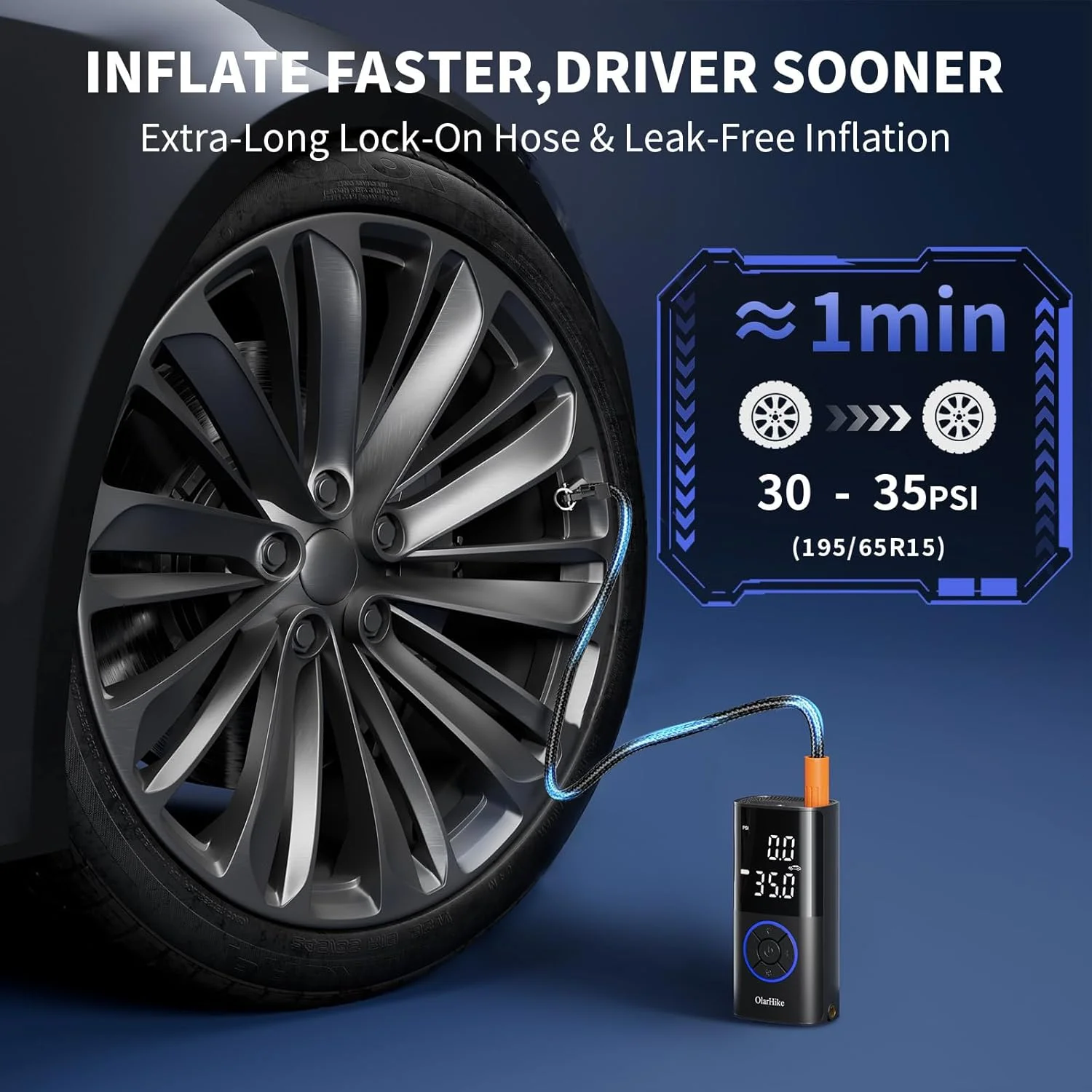 پمپ باد قابل حمل Olarhike، با باتری 5200mAh، وزن سبک 0.43 کیلوگرم، آبی