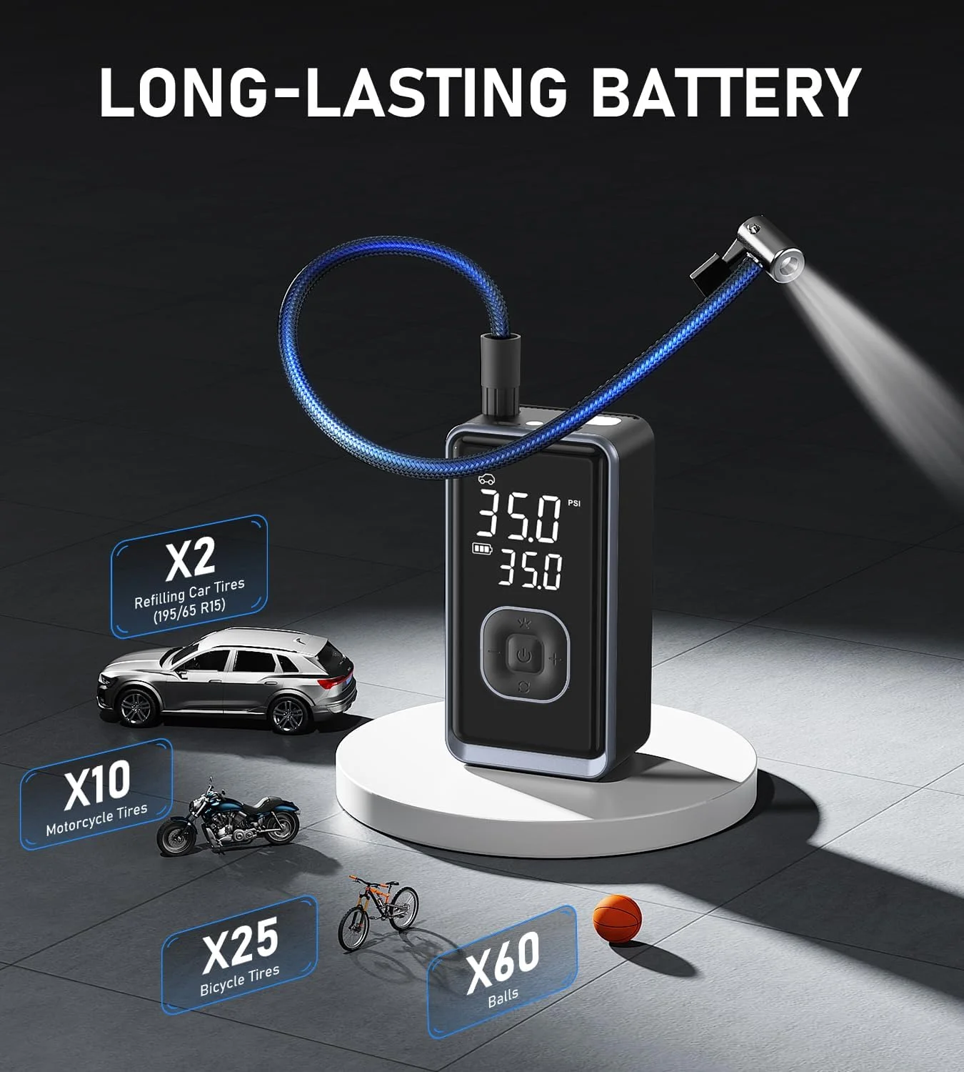 کمپرسور هوا قابل حمل برای باد کردن تایر، پمپ هوای کوچک بی سیم 150PSI با فشار دیجیتال، پمپ دوچرخه، تایر بادی با سرعت 3 برابر سریعتر برای ماشین، موتور سیکلت، دوچرخه، توپ-چراغ LED و خاموش شدن خودکار