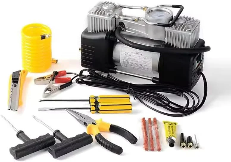 پمپ کمپرسور هوای دو سیلندر 12 ولت BOSS NEO POWER با فشار 150 PSI - پمپ باد لاستیک سنگین و قابل حمل به همراه کیت تعمیر لاستیک برای خودروهای 4X4