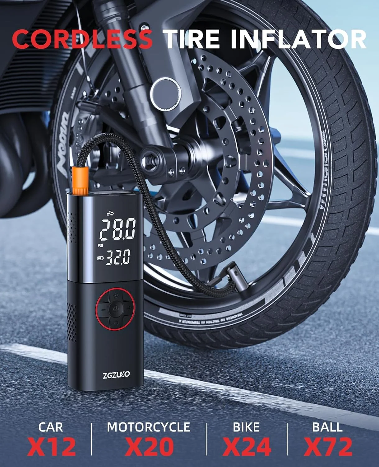 کمپرسور باد قابل حمل ZGZUXO، پمپ باد شارژی برای لاستیک خودرو، پمپ باد قابل حمل 150PSI برای خودرو، پمپ باد بی سیم دوچرخه با فشارسنج، صفحه نمایش دوگانه LCD، پمپ موتورسیکلت