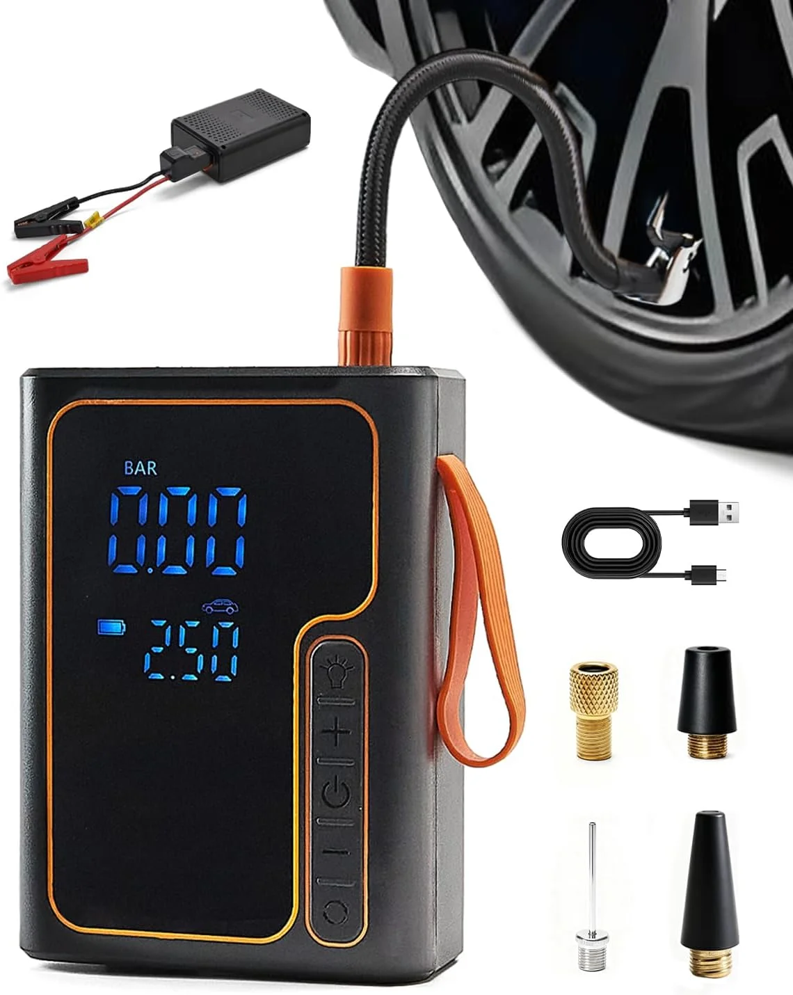 پمپ باد شارژی و جامپر باتری، کمپرسور هوای قابل حمل برای دوچرخه، پمپ هوای دستی دوچرخه برای لاستیک خودرو به همراه گیج
