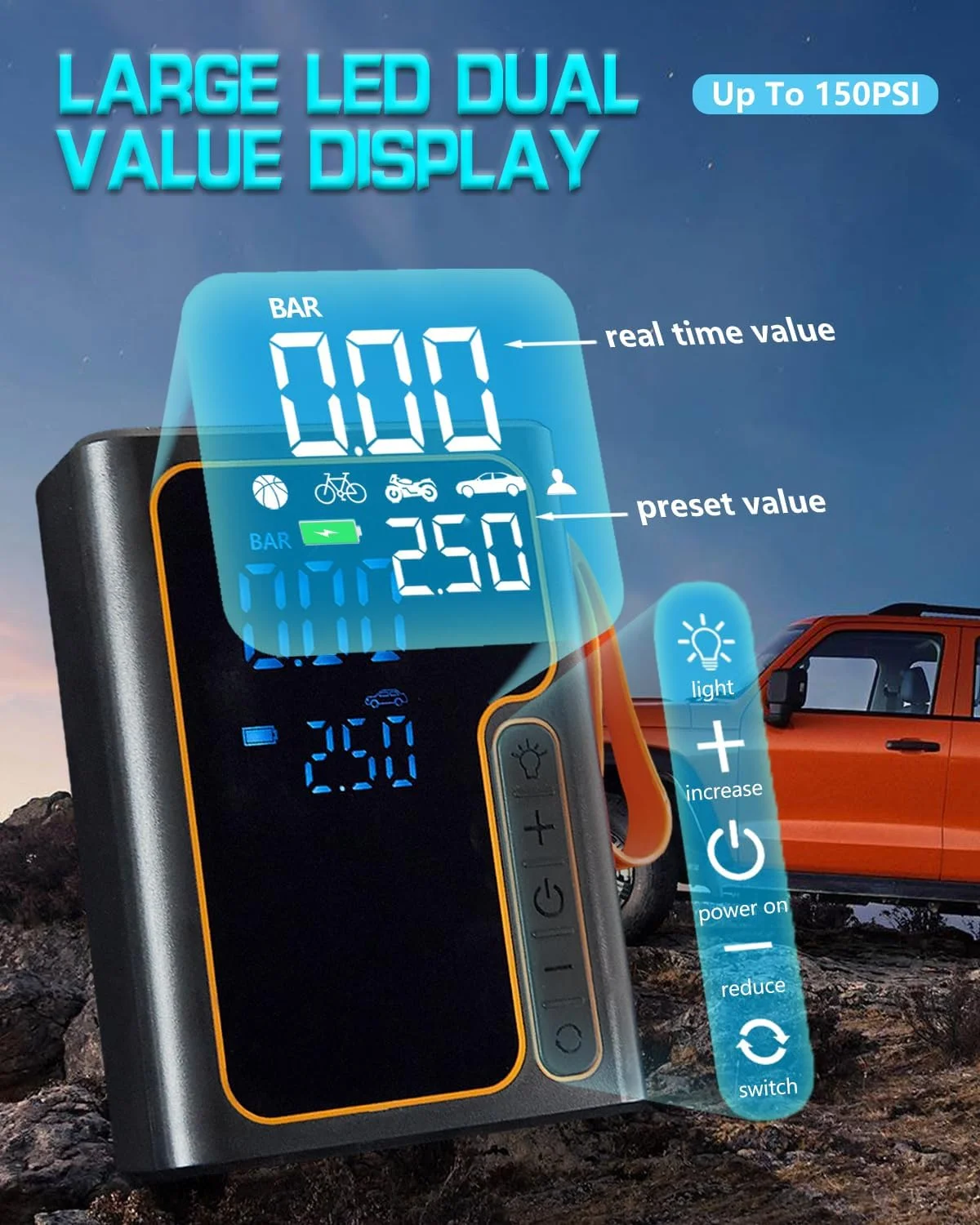 پمپ باد شارژی و جامپر باتری، کمپرسور هوای قابل حمل برای دوچرخه، پمپ هوای دستی دوچرخه برای لاستیک خودرو به همراه گیج