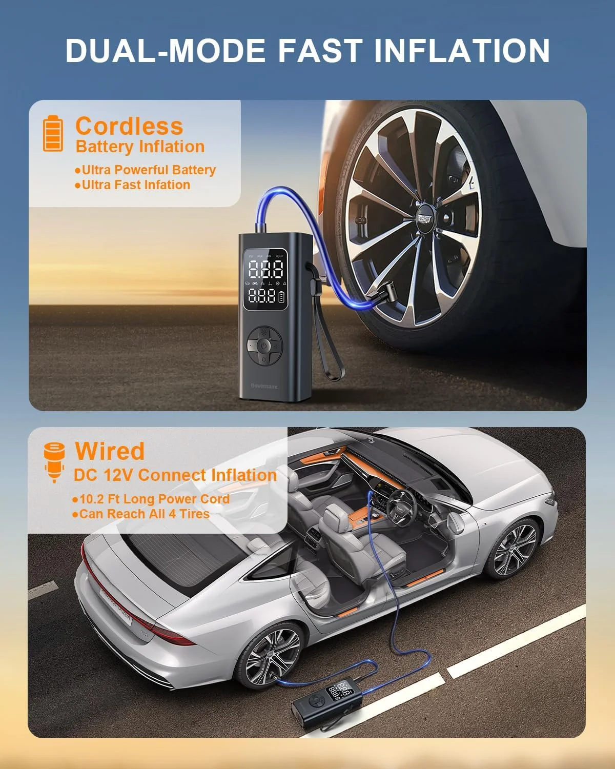 پمپ باد قابل حمل، کمپرسور هوا 150PSI بدون سیم برای لاستیک خودرو، پمپ باد برقی دوگانه باتری و 12 ولت DC با فشارسنج و چراغ LED برای موتورسیکلت، اسکوتر، توپ