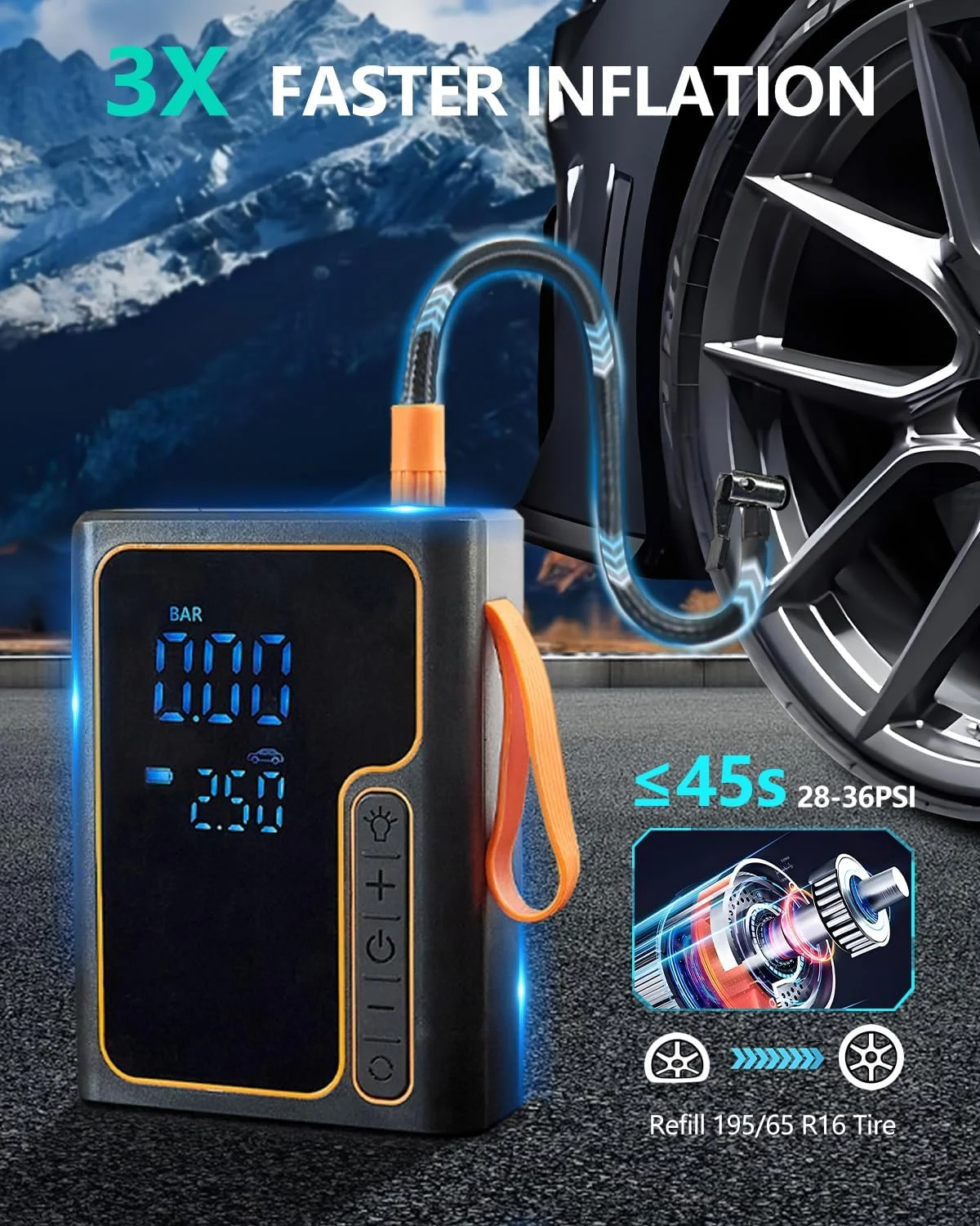 پمپ باد شارژی و جامپر باتری، کمپرسور هوای قابل حمل برای دوچرخه، پمپ هوای دستی دوچرخه برای لاستیک خودرو به همراه گیج