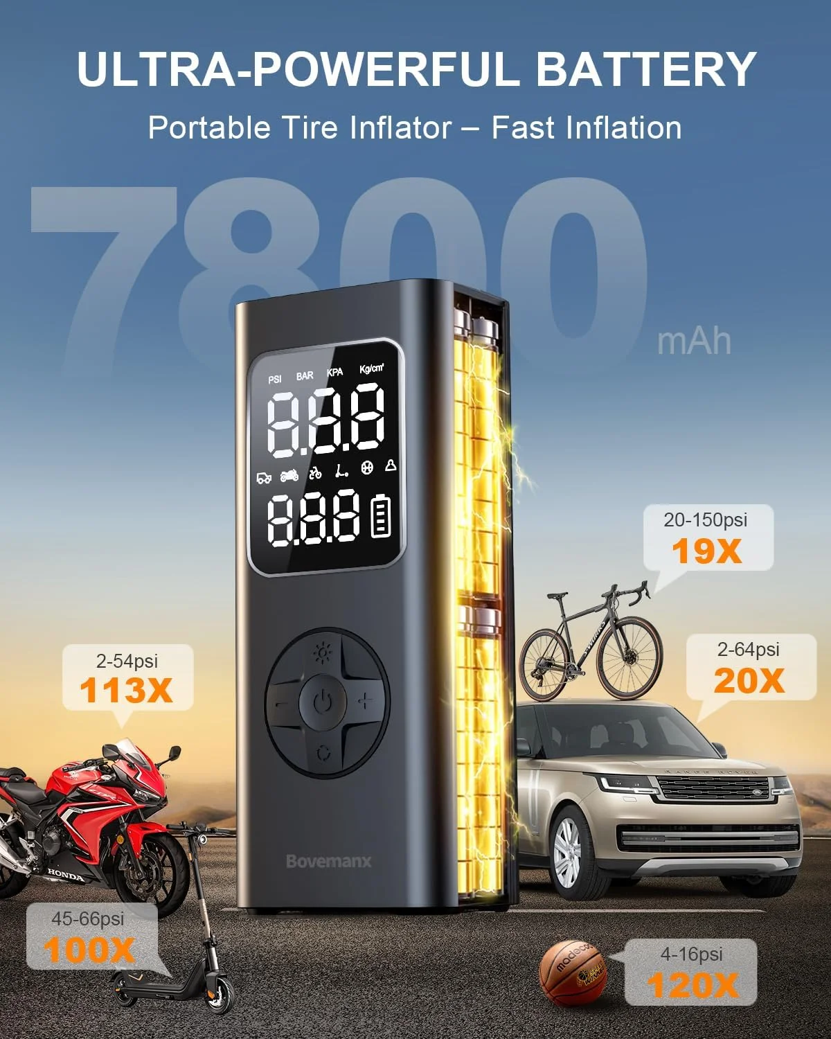 پمپ باد قابل حمل، کمپرسور هوا 150PSI بدون سیم برای لاستیک خودرو، پمپ باد برقی دوگانه باتری و 12 ولت DC با فشارسنج و چراغ LED برای موتورسیکلت، اسکوتر، توپ