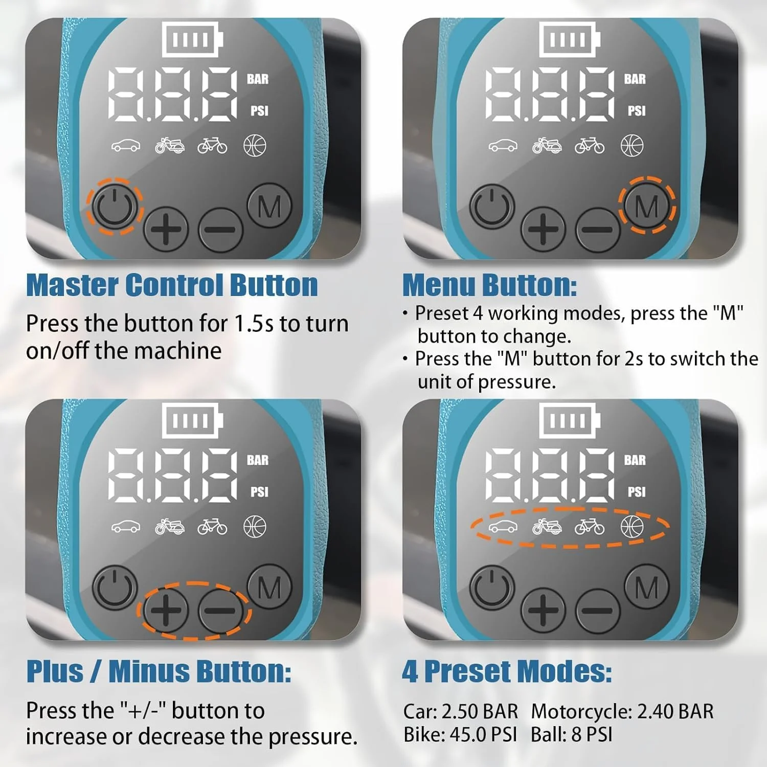 پمپ باد شارژی برای باتری بوش GBA 18 V، کمپرسور هوای قابل حمل برای ماشین، دوچرخه، توپ، پمپ باد 18 ولت با فشارسنج دیجیتال (فقط ابزار، بدون باتری) آبی