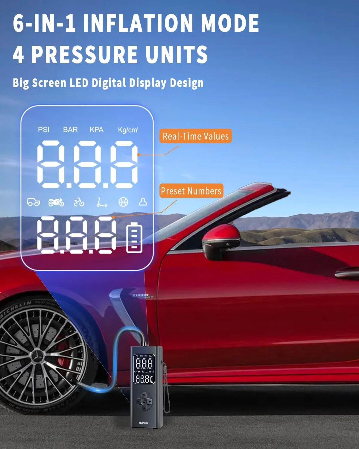 پمپ باد قابل حمل، کمپرسور هوا 150PSI بدون سیم برای لاستیک خودرو، پمپ باد برقی دوگانه باتری و 12 ولت DC با فشارسنج و چراغ LED برای موتورسیکلت، اسکوتر، توپ