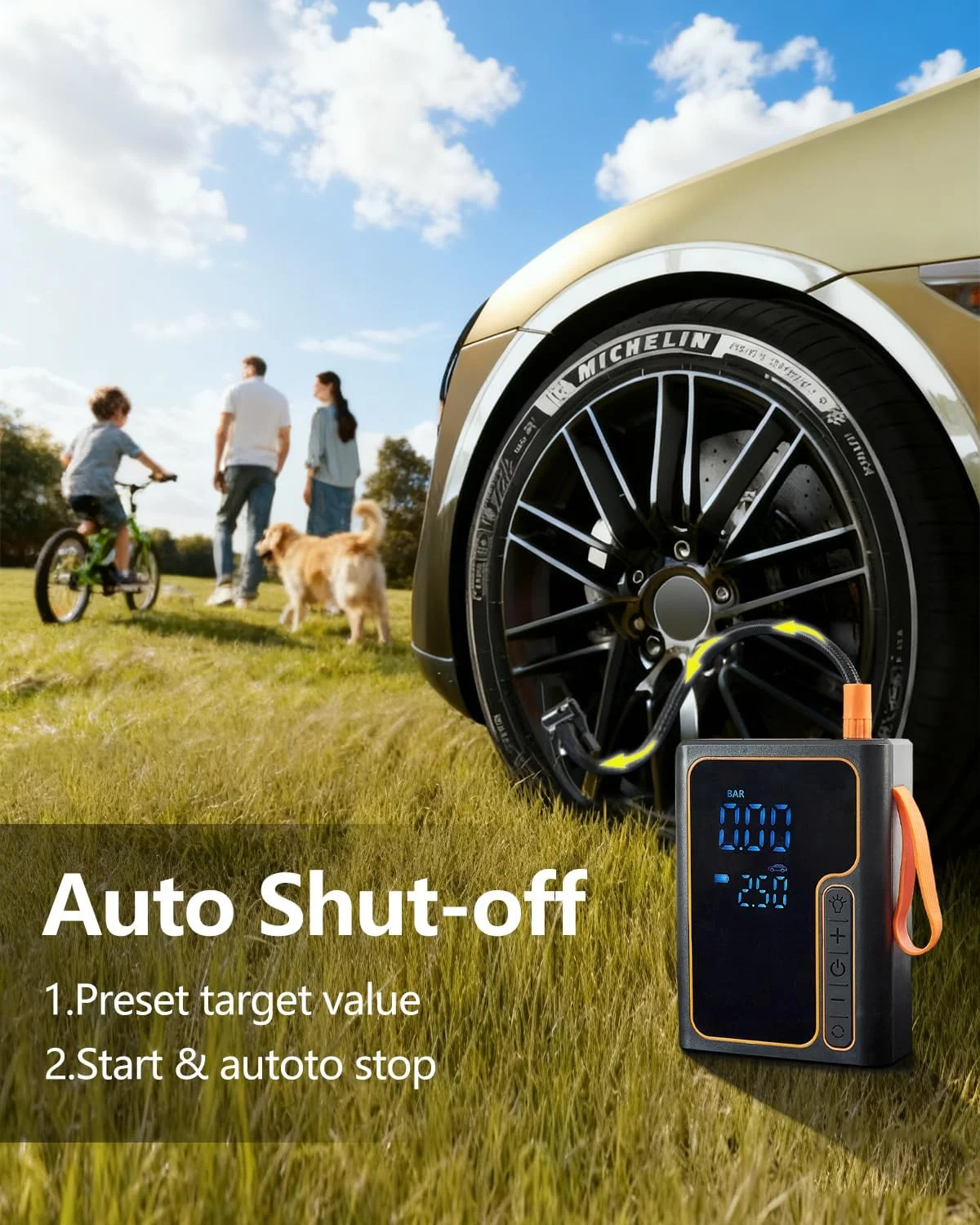 پمپ باد شارژی و جامپر باتری، کمپرسور هوای قابل حمل برای دوچرخه، پمپ هوای دستی دوچرخه برای لاستیک خودرو به همراه گیج