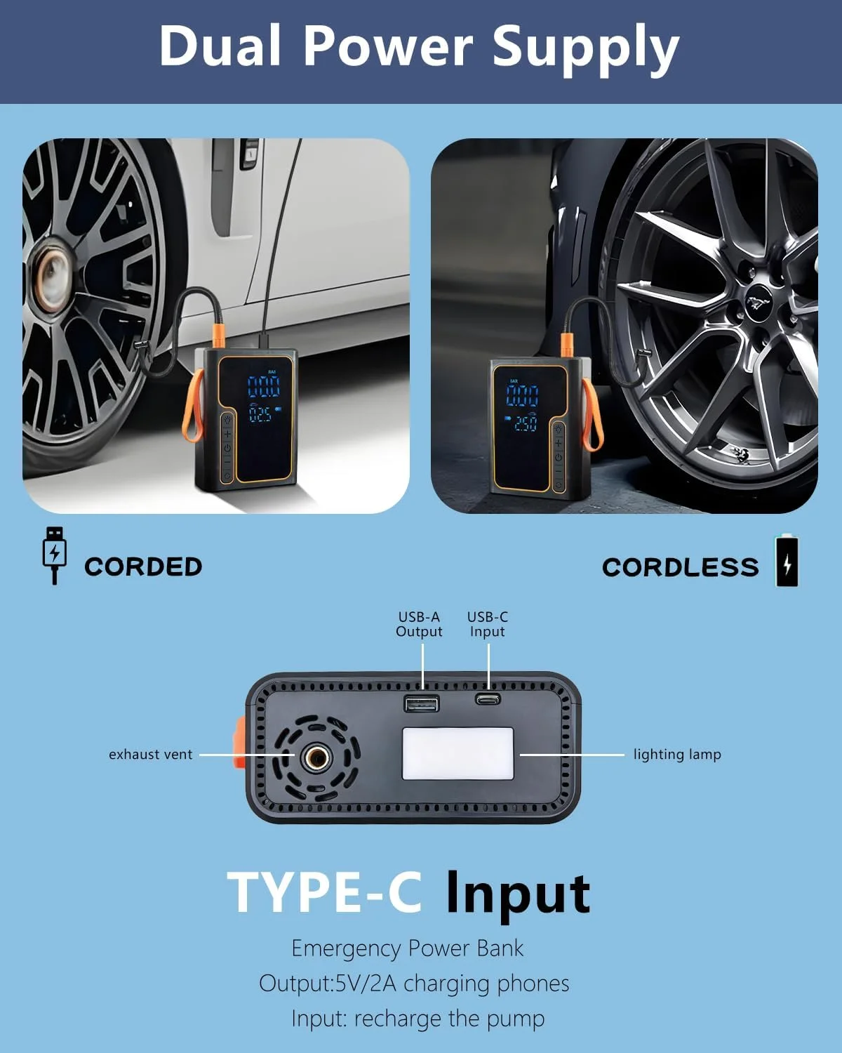 پمپ باد شارژی و جامپر باتری، کمپرسور هوای قابل حمل برای دوچرخه، پمپ هوای دستی دوچرخه برای لاستیک خودرو به همراه گیج