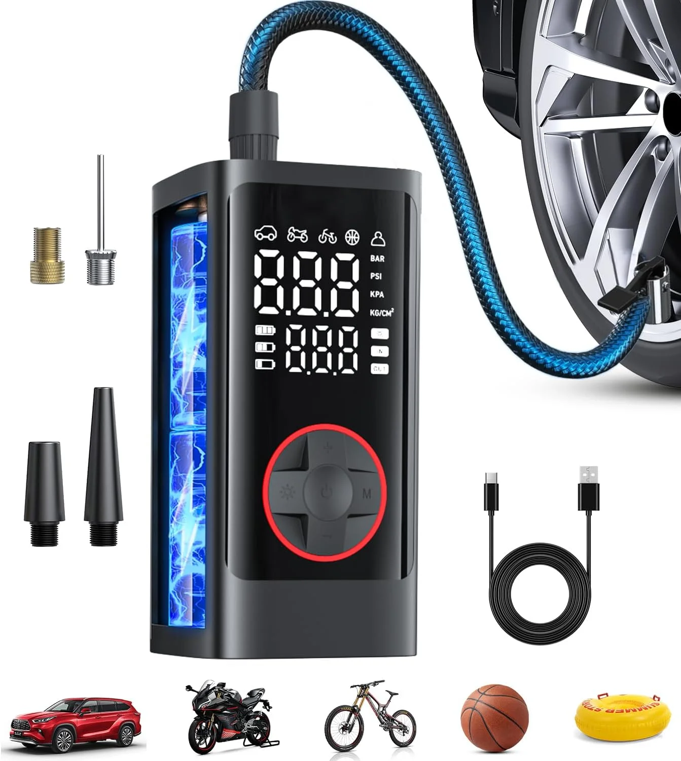 پمپ باد قابل حمل Pumptiva، کمپرسور هوا بی سیم با درجه فشار، خاموش شدن خودکار، چراغ LED برای ماشین، موتور سیکلت، دوچرخه، توپ