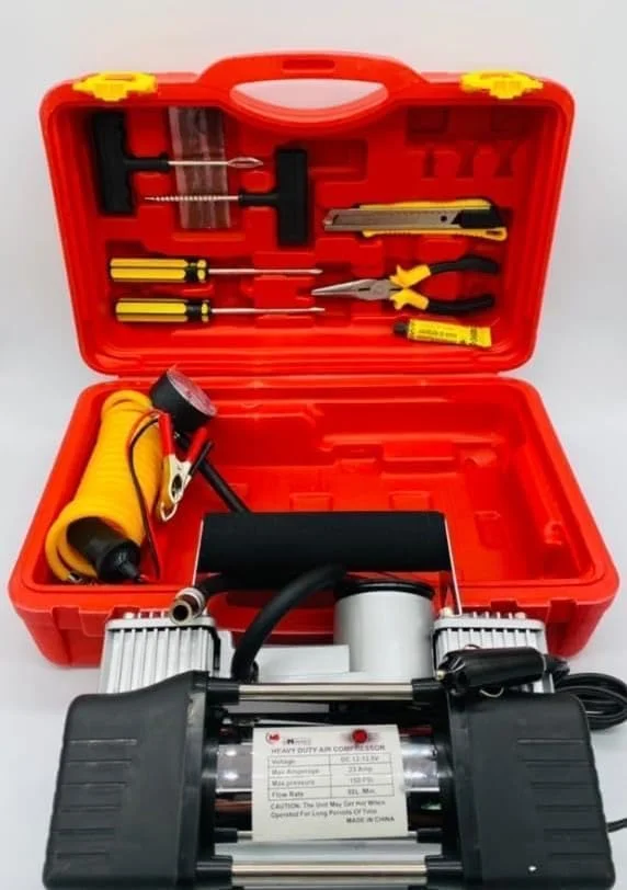 کیت کمپرسور هوای قابل حمل SHEZA STAR با ابزار، 12 ولت DC، سیلندر دوقلو سنگین، جعبه نگهداری قرمز