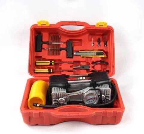 کیت کمپرسور هوای قابل حمل SHEZA STAR با ابزار، 12 ولت DC، سیلندر دوقلو سنگین، جعبه نگهداری قرمز