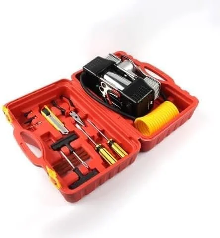 کیت کمپرسور هوای قابل حمل SHEZA STAR با ابزار، 12 ولت DC، سیلندر دوقلو سنگین، جعبه نگهداری قرمز