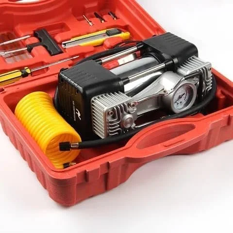 کیت کمپرسور هوای قابل حمل SHEZA STAR با ابزار، 12 ولت DC، سیلندر دوقلو سنگین، جعبه نگهداری قرمز