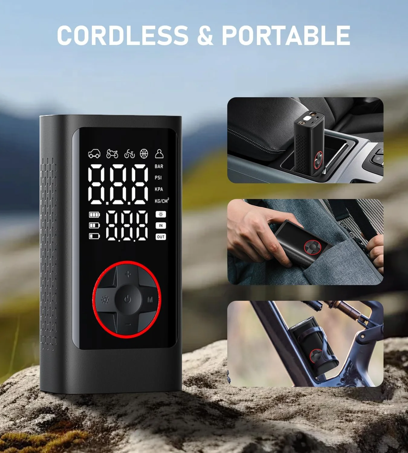 پمپ باد قابل حمل، کمپرسور هوا 150PSI بدون سیم برای لاستیک خودرو، پمپ باد دوچرخه با فشارسنج، خاموش شدن خودکار، چراغ LED برای خودرو، موتورسیکلت، دوچرخه