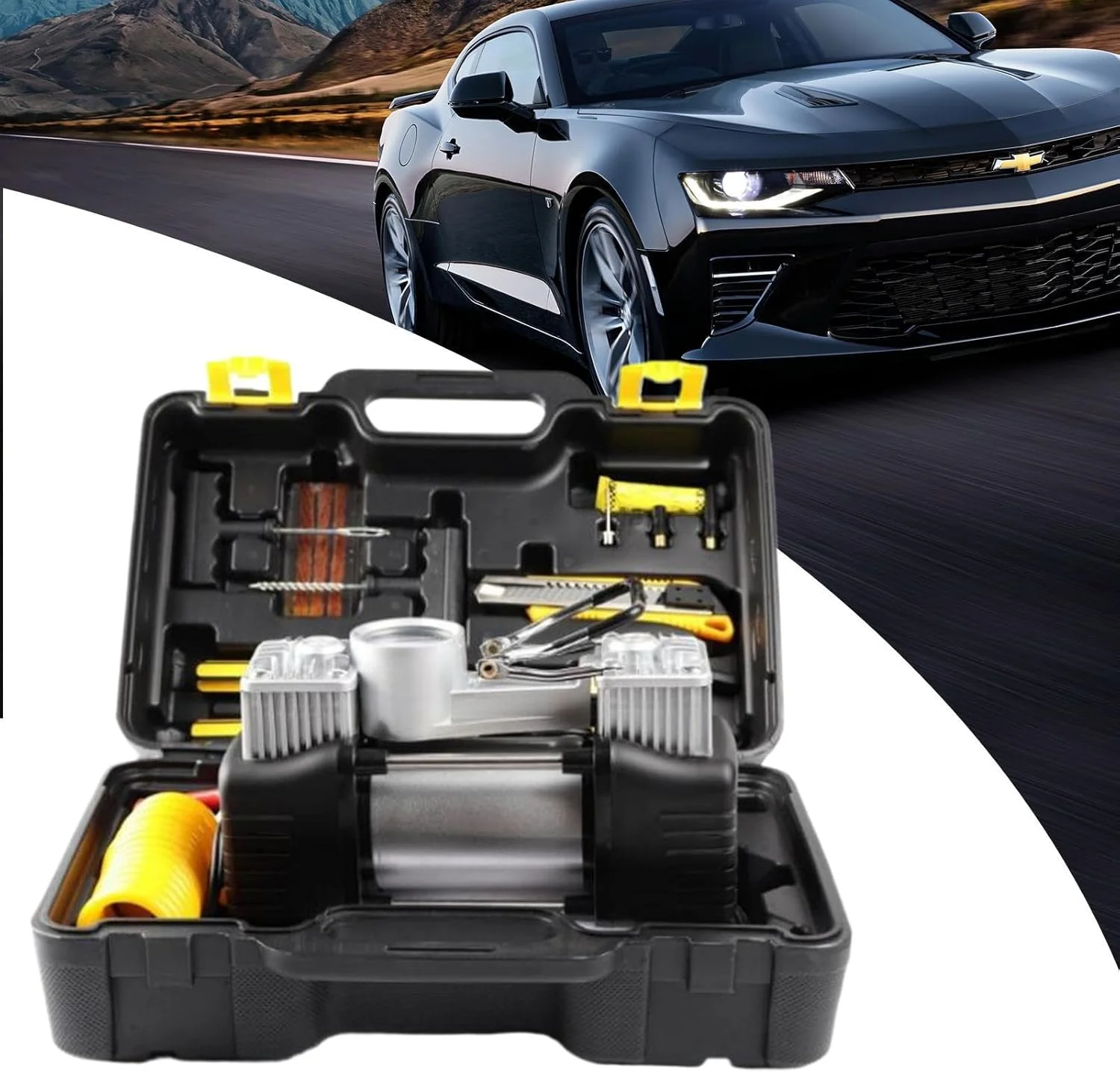 جعبه کمپرسور هوای قابل حمل، لوازم ابزار تعمیر خودرو | کیت پمپ بادی قابل حمل 12 ولت با فشار بالا برای کامیون، ماشین، کمپینگ، مسافرت، خودروهای RV، مواقع اضطراری، منزل، موتورسیکلت