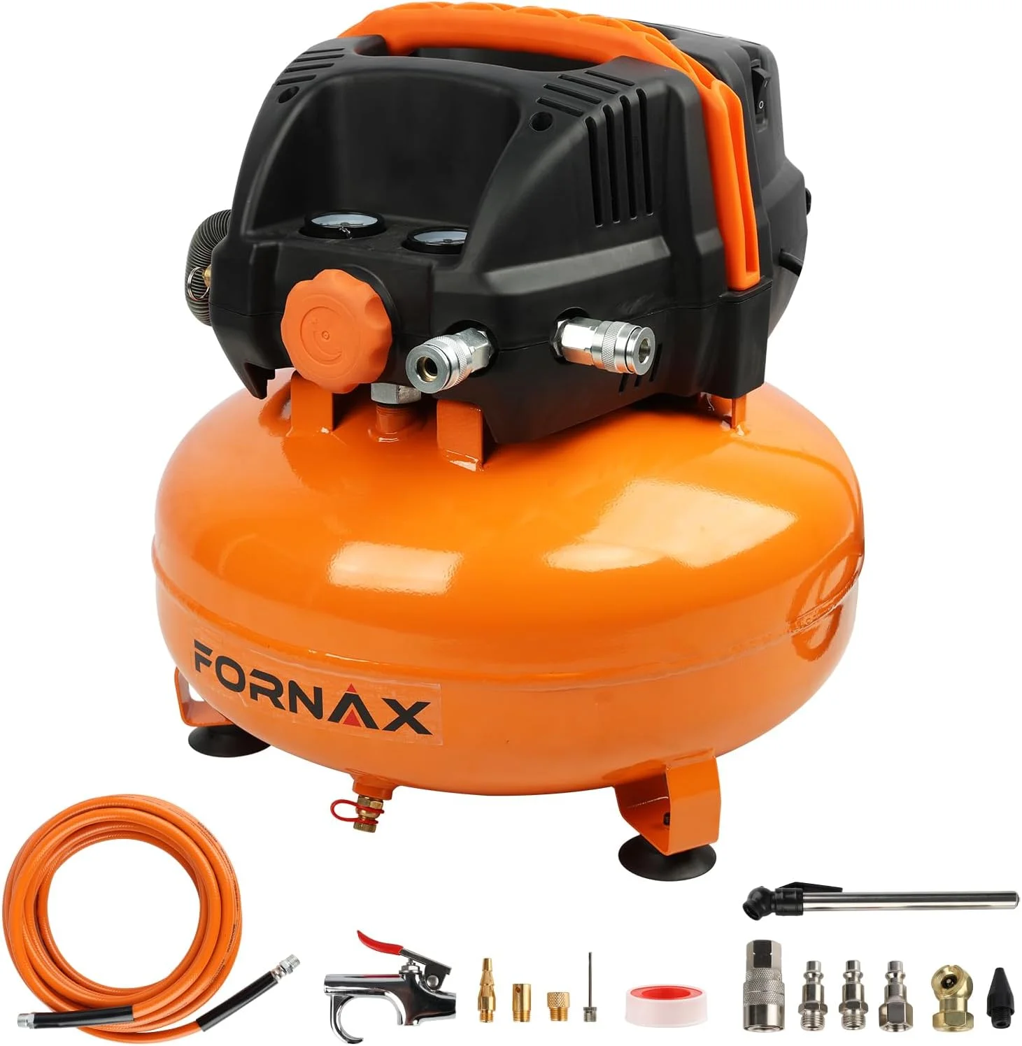 کمپرسور هوای پنکیکی FORNAX با دو اتصال دهنده، کمپرسور هوای برقی قابل حمل 6 گالن، 150 PSI، بدون روغن با 14 عدد لوازم جانبی کمپرسور هوا