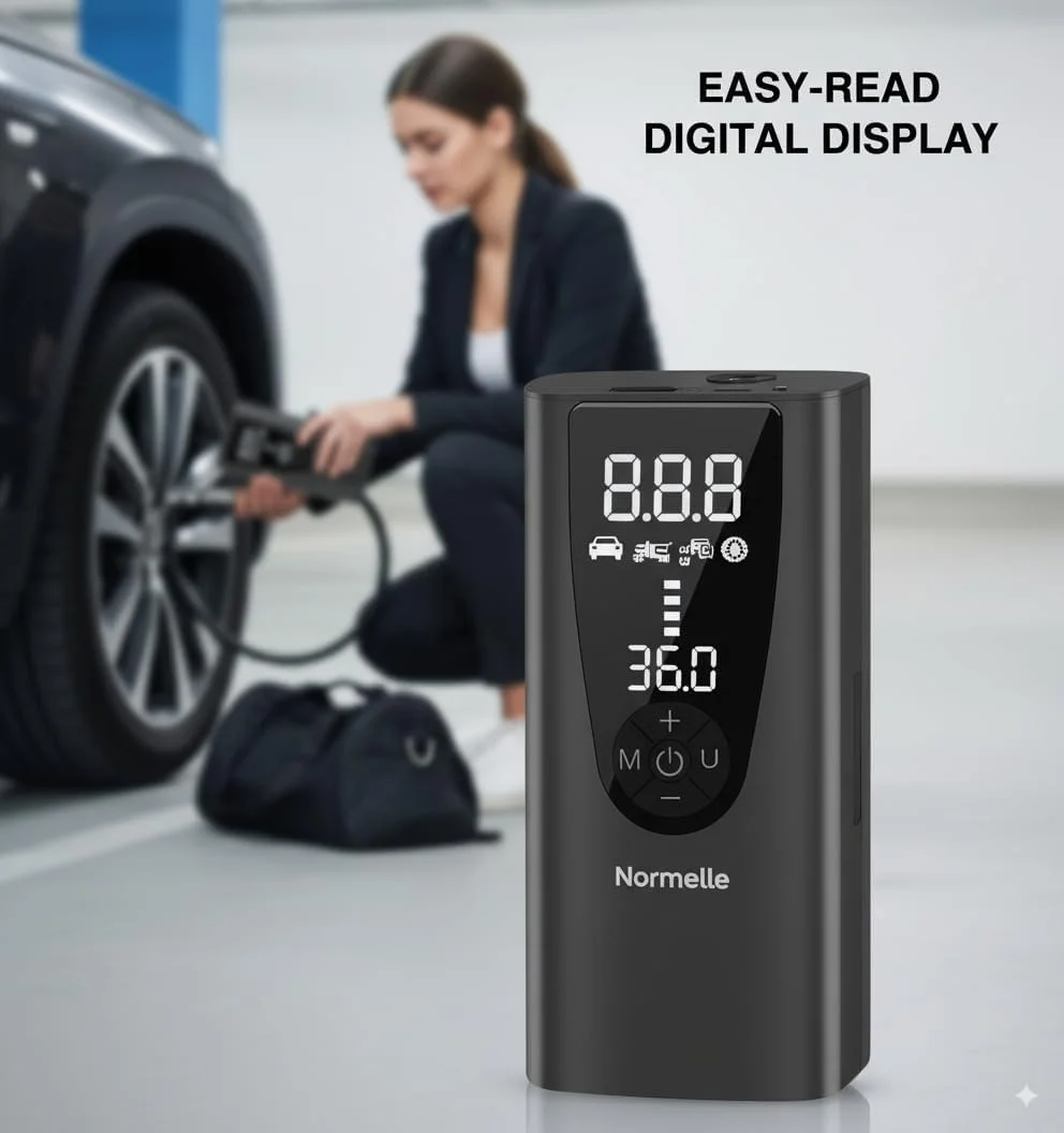 پمپ باد قابل حمل Normelle، کمپرسور هوا شارژی 150PSI با باتری 6000mAh، چراغ LED، باد کردن سریع برای ماشین، موتور سیکلت، دوچرخه و توپ های ورزشی