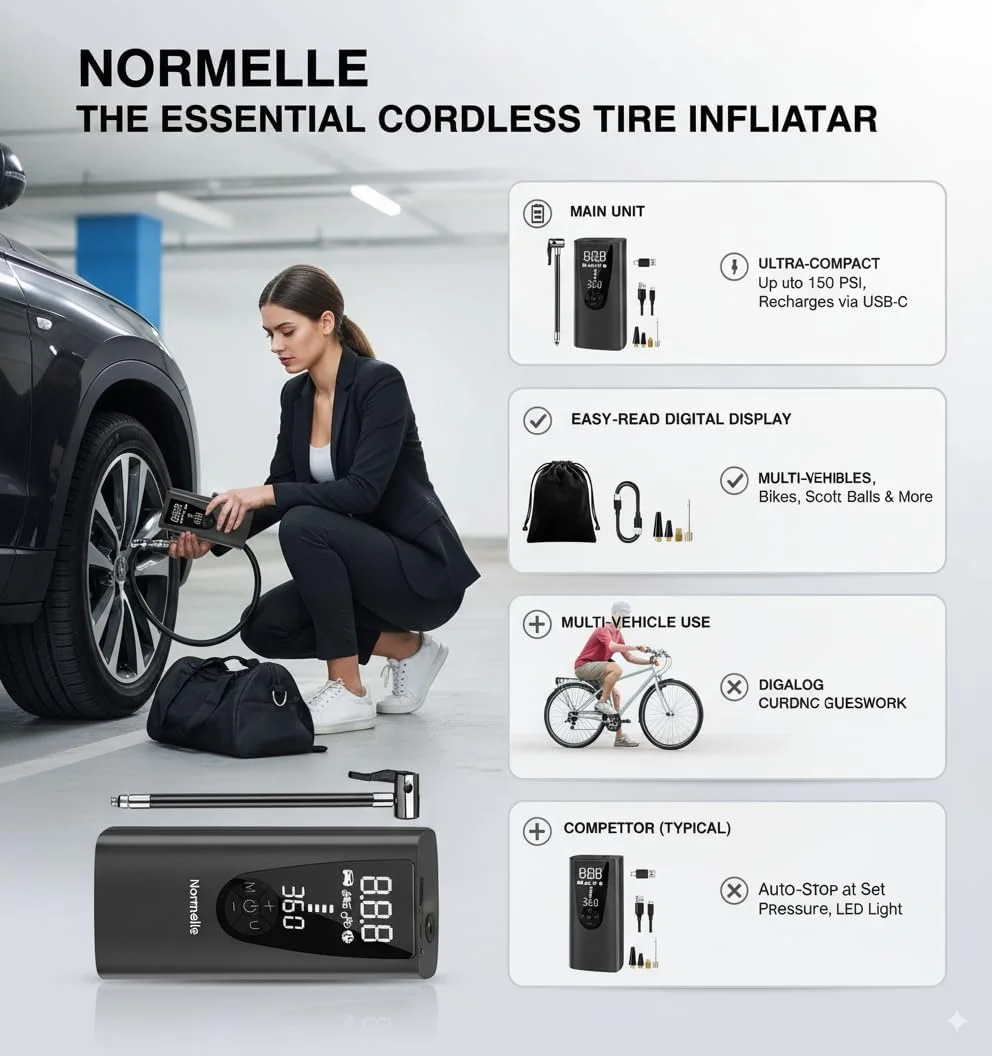 پمپ باد قابل حمل Normelle، کمپرسور هوا شارژی 150PSI با باتری 6000mAh، چراغ LED، باد کردن سریع برای ماشین، موتور سیکلت، دوچرخه و توپ های ورزشی