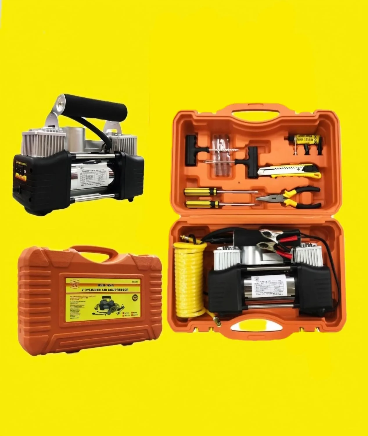 کیت کمپرسور هوای قابل حمل 2 سیلندر با ابزار، پمپ باد تایر خودرو سنگین، کیف حمل نارنجی یا مشکی