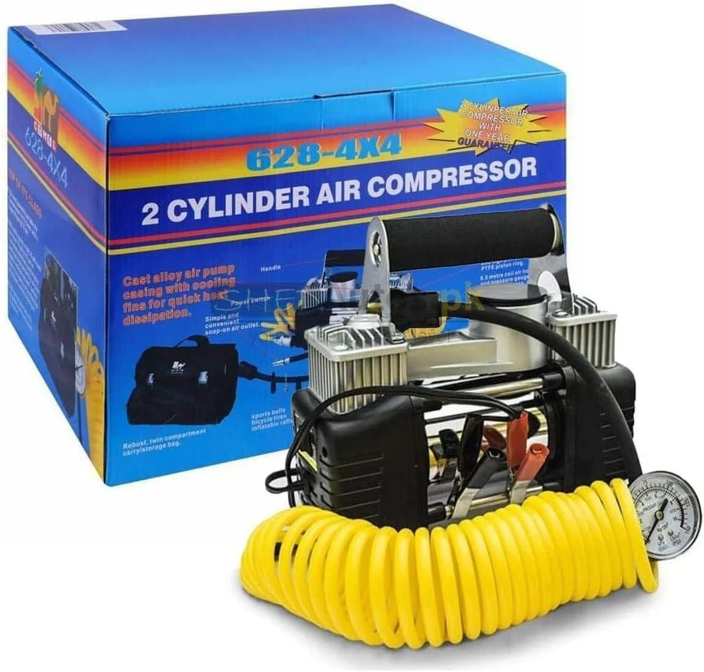 کمپرسور هوای دو سیلندر پیشرفته - پمپ باد قابل حمل و سنگین با باد کردن سریع، فشارسنج، چراغ LED و کیت چند نازله برای ماشین، موتور سیکلت و دوچرخه