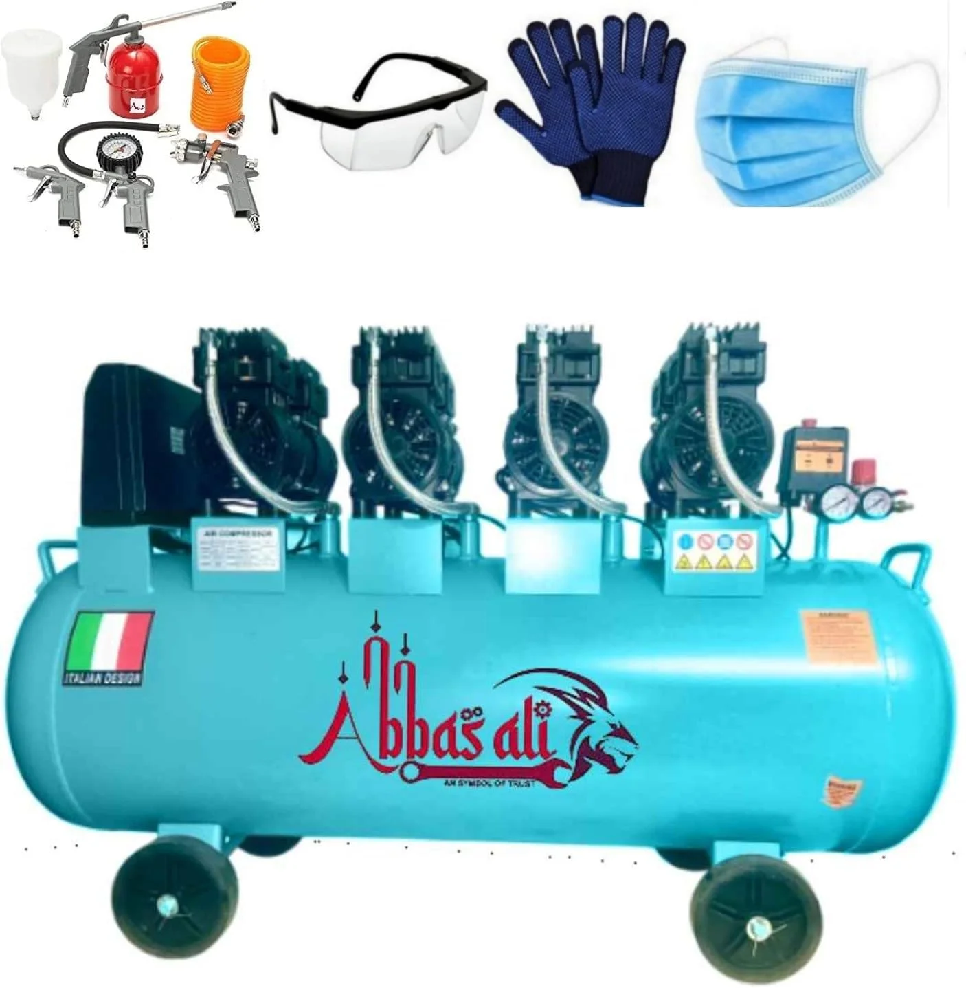 کمپرسور هوا 200 لیتری ABBASALI مدل “SilentPro” – فوق العاده کم صدا، بدون روغن، مخزن سنگین برای کارگاه و گاراژ به همراه دستکش، عینک محافظ، 100 عدد ماسک صورت و مجموعه کامل لوازم جانبی